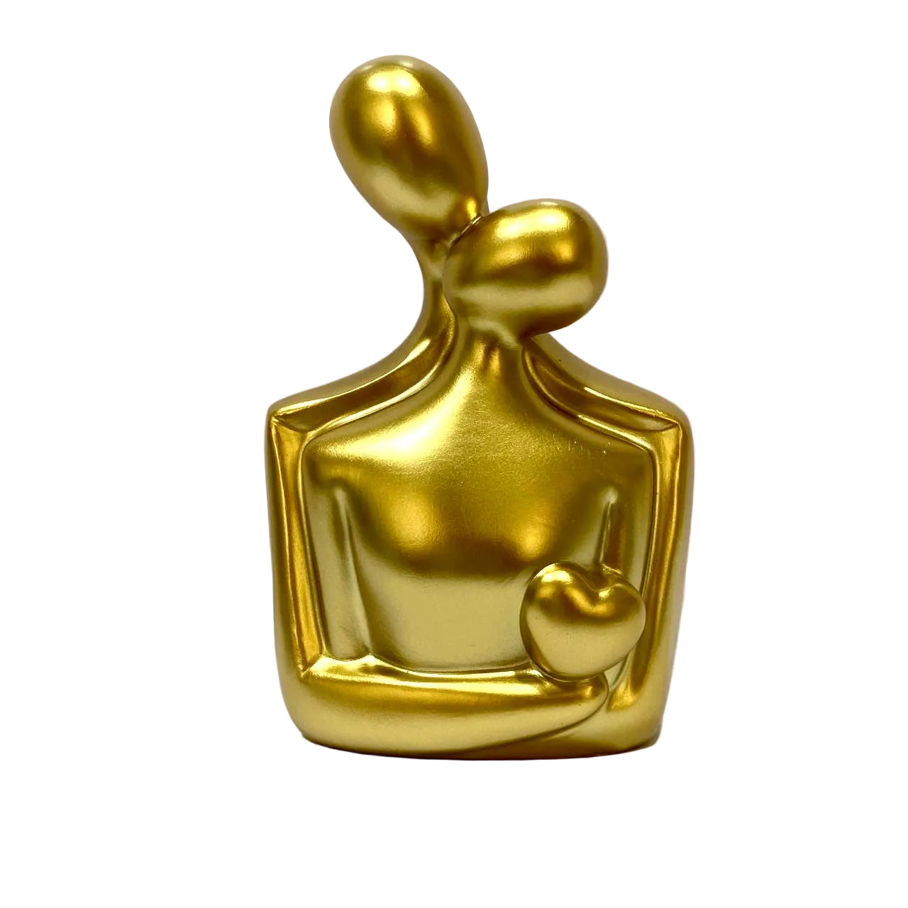 Gold abstract sculpture of a figure holding a heart on a white background