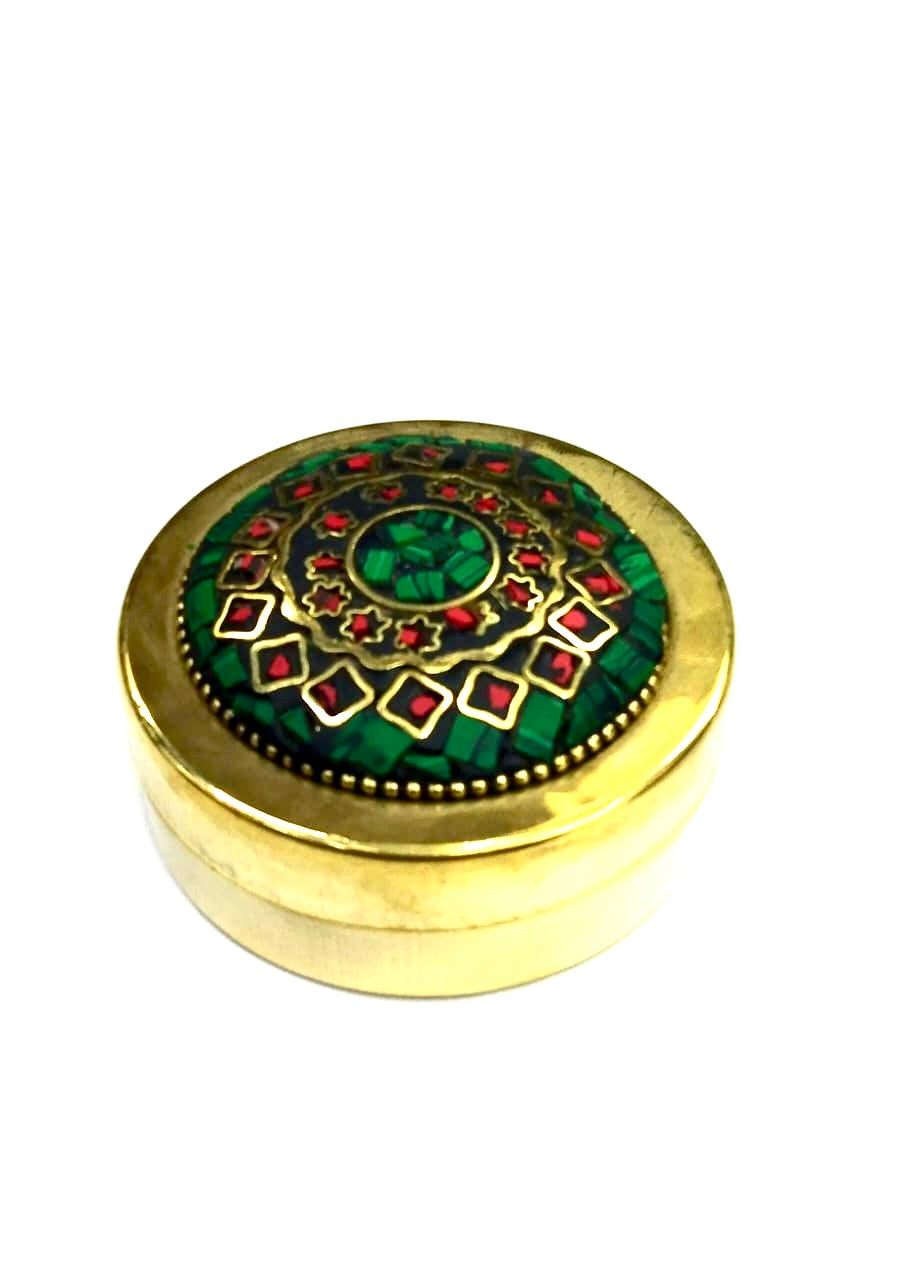 Brass Gemstone Art Dibbi For Storage Of Jewelry Gifting Handcrafted Tamrapatra