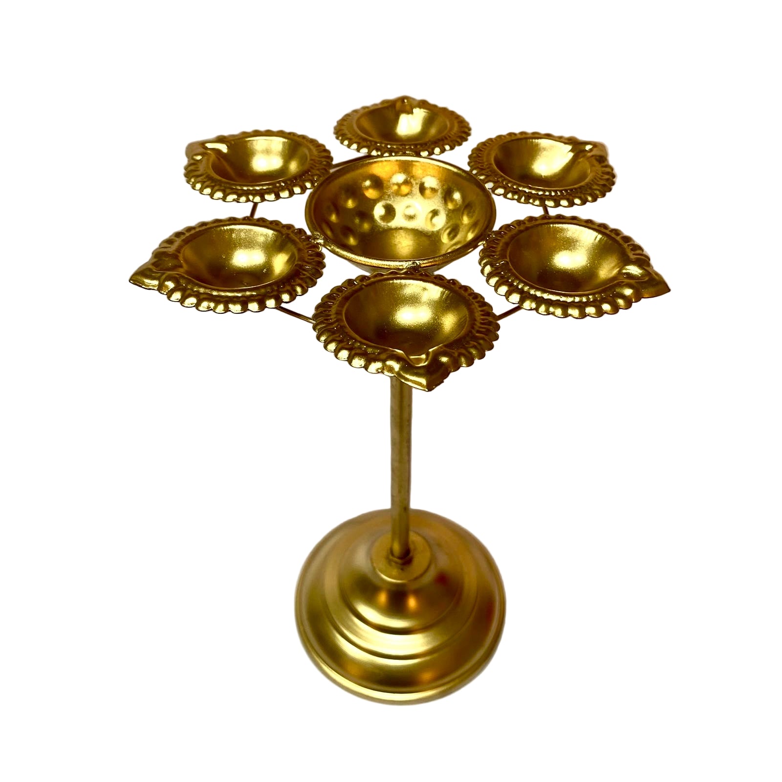 Gold-colored decorative lamp with multiple bowls on a white background
