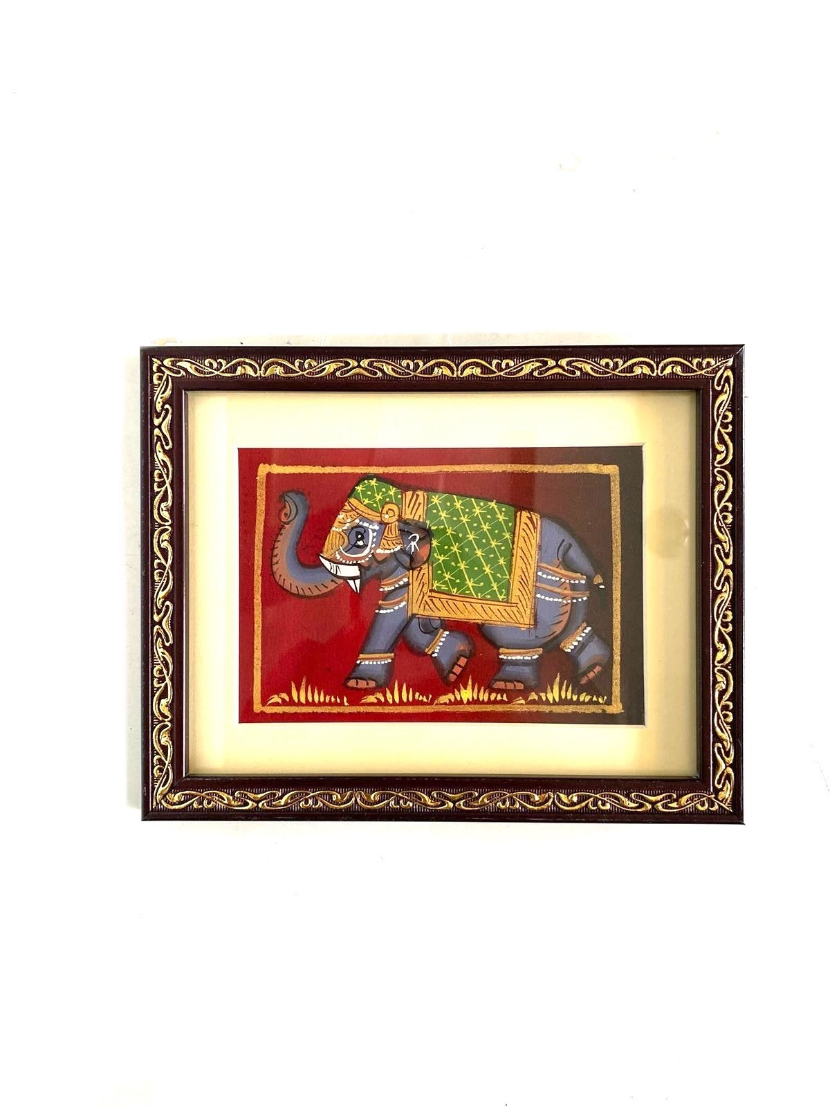 Hand Painted Elephants On Cloth Enclosed In Frame Hangings From Tamrapatra