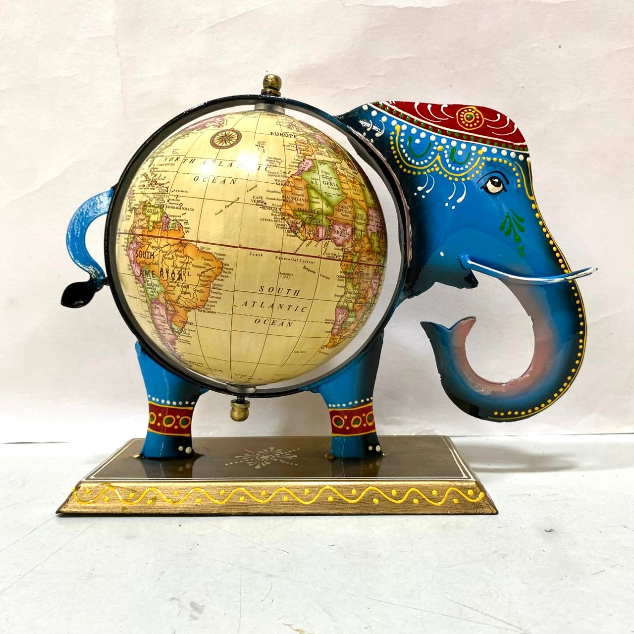World Map Globe On Metal Elephant Decorative Utility Desk By Tamrapatra - Tamrapatra