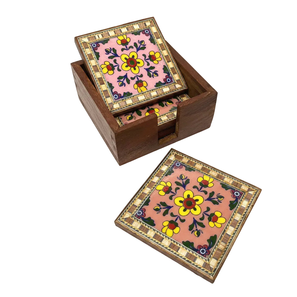 Blue Pottery Tile Fitted Tea Coaster Made With Wood Tableware Tamrapatra - Tamrapatra
