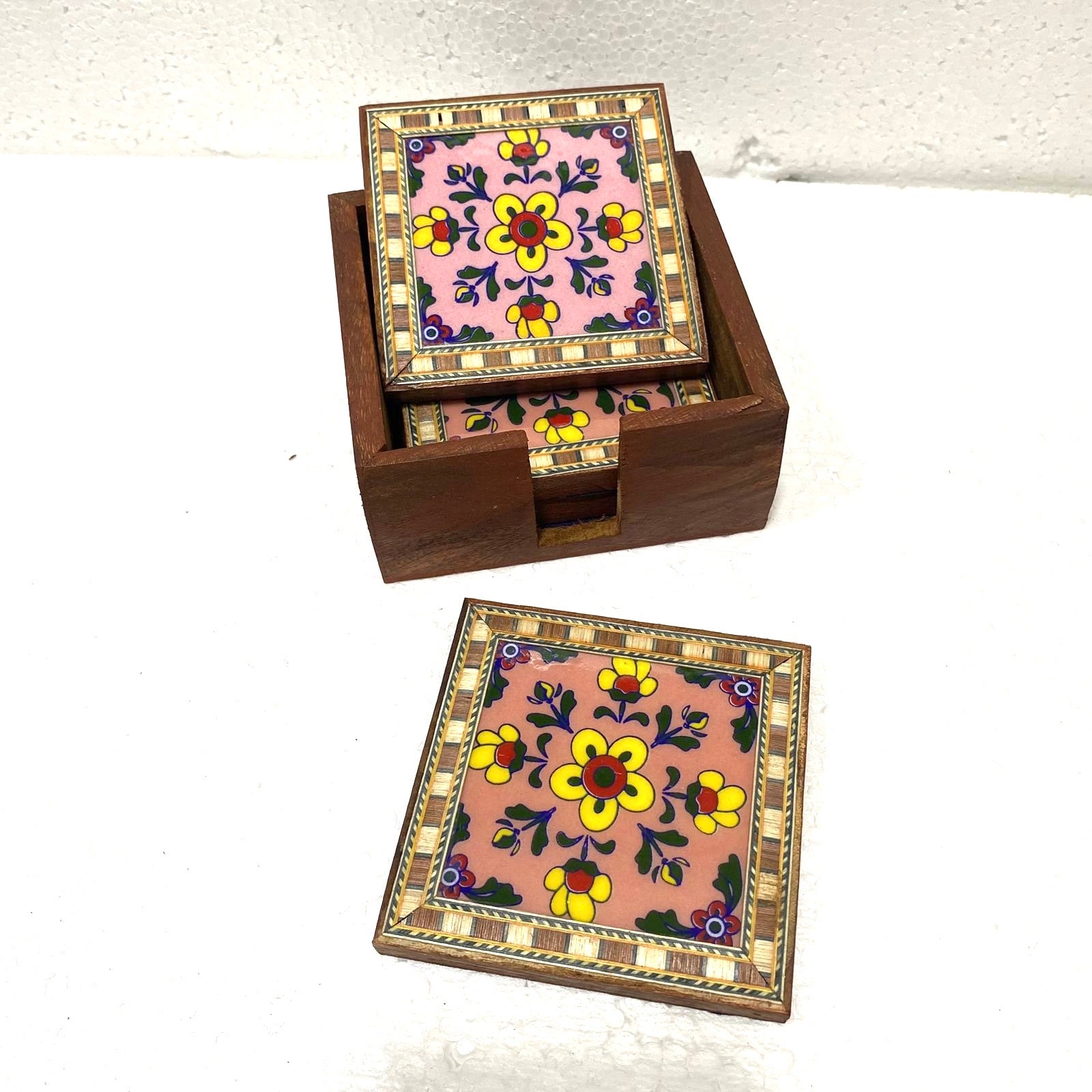 Blue Pottery Tile Fitted Tea Coaster Made With Wood Tableware Tamrapatra