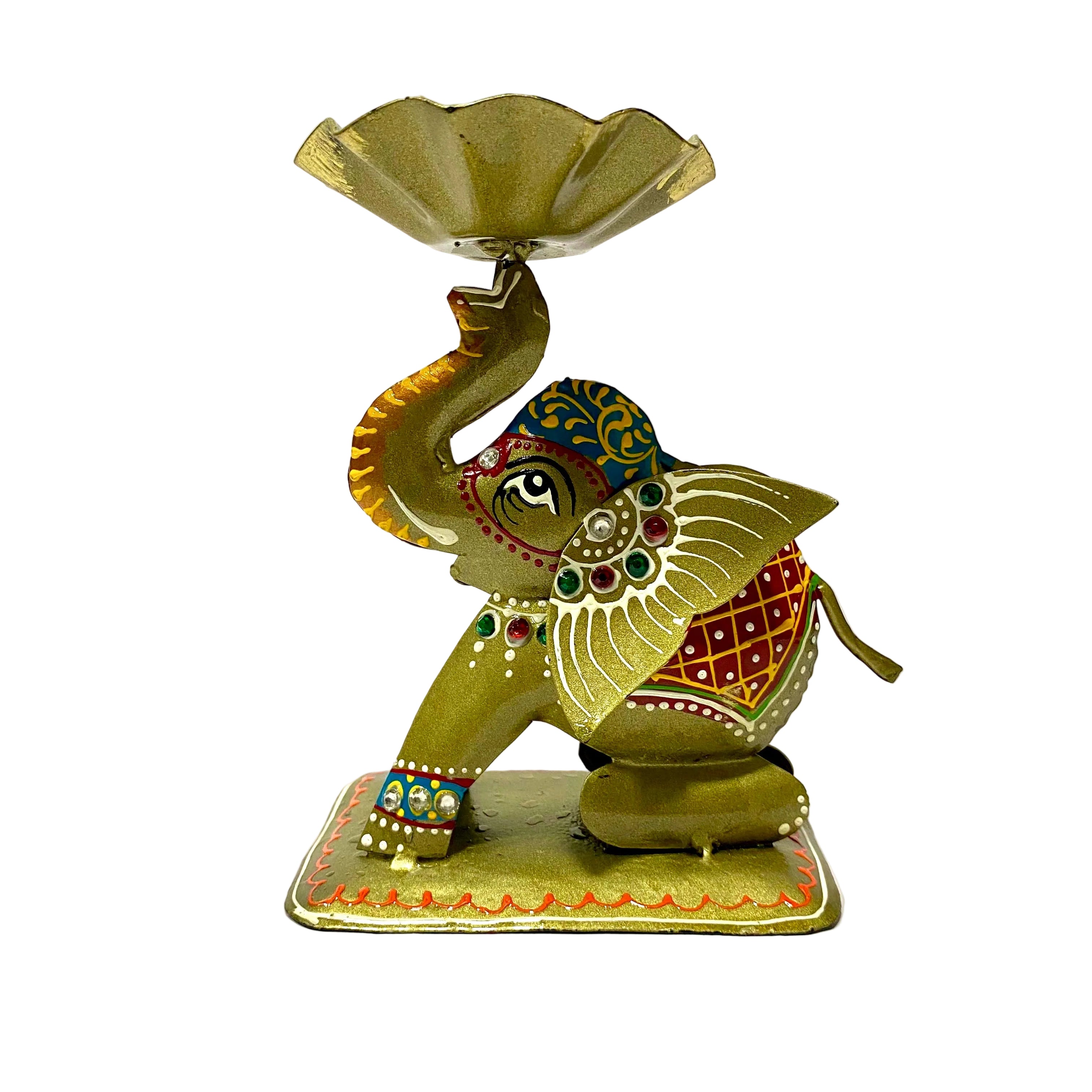 Decorative elephant lamp with intricate designs on a white background