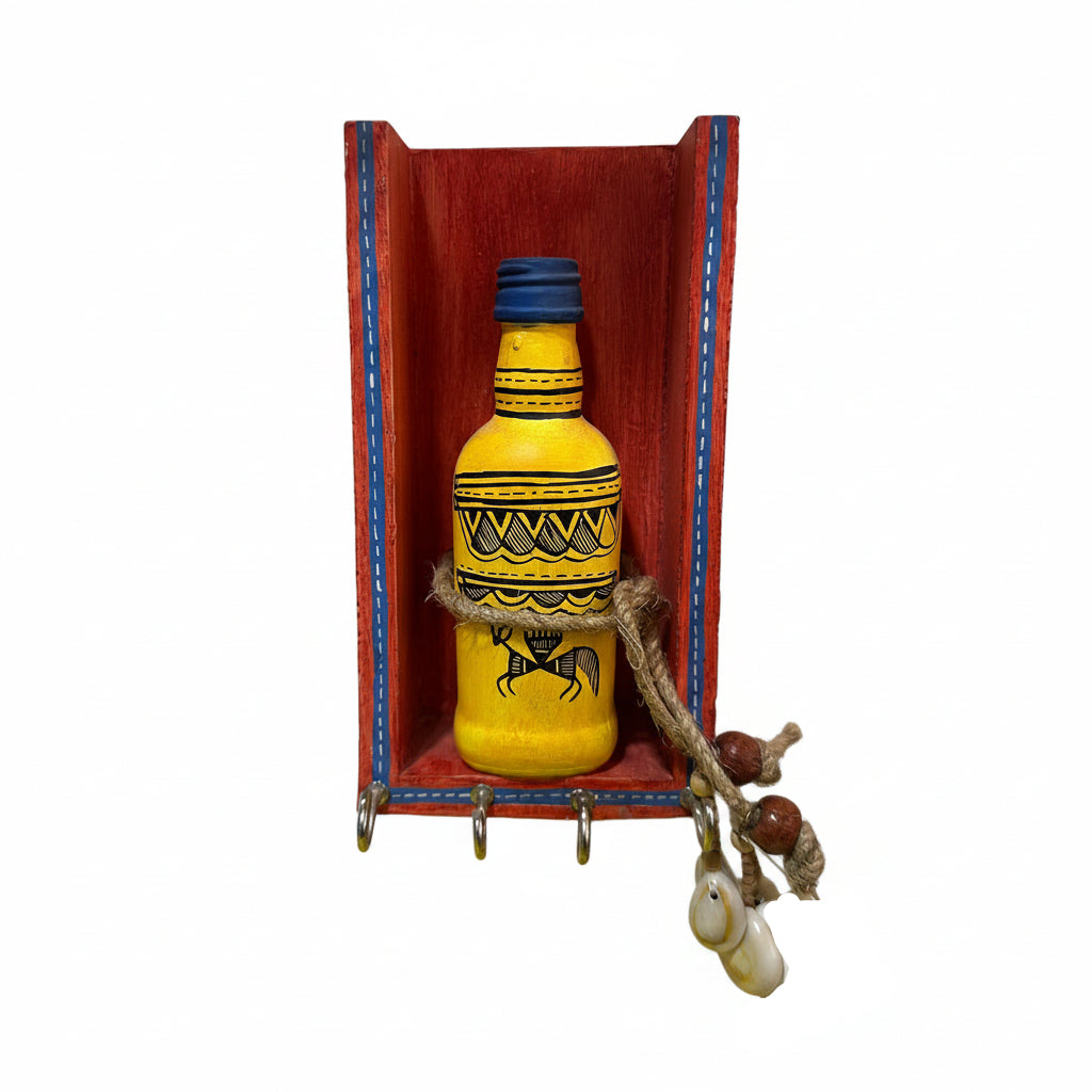 Key Holder Planter Bottle Hand Painted On Wooden Shelf With Beads Tamrapatra - Tamrapatra