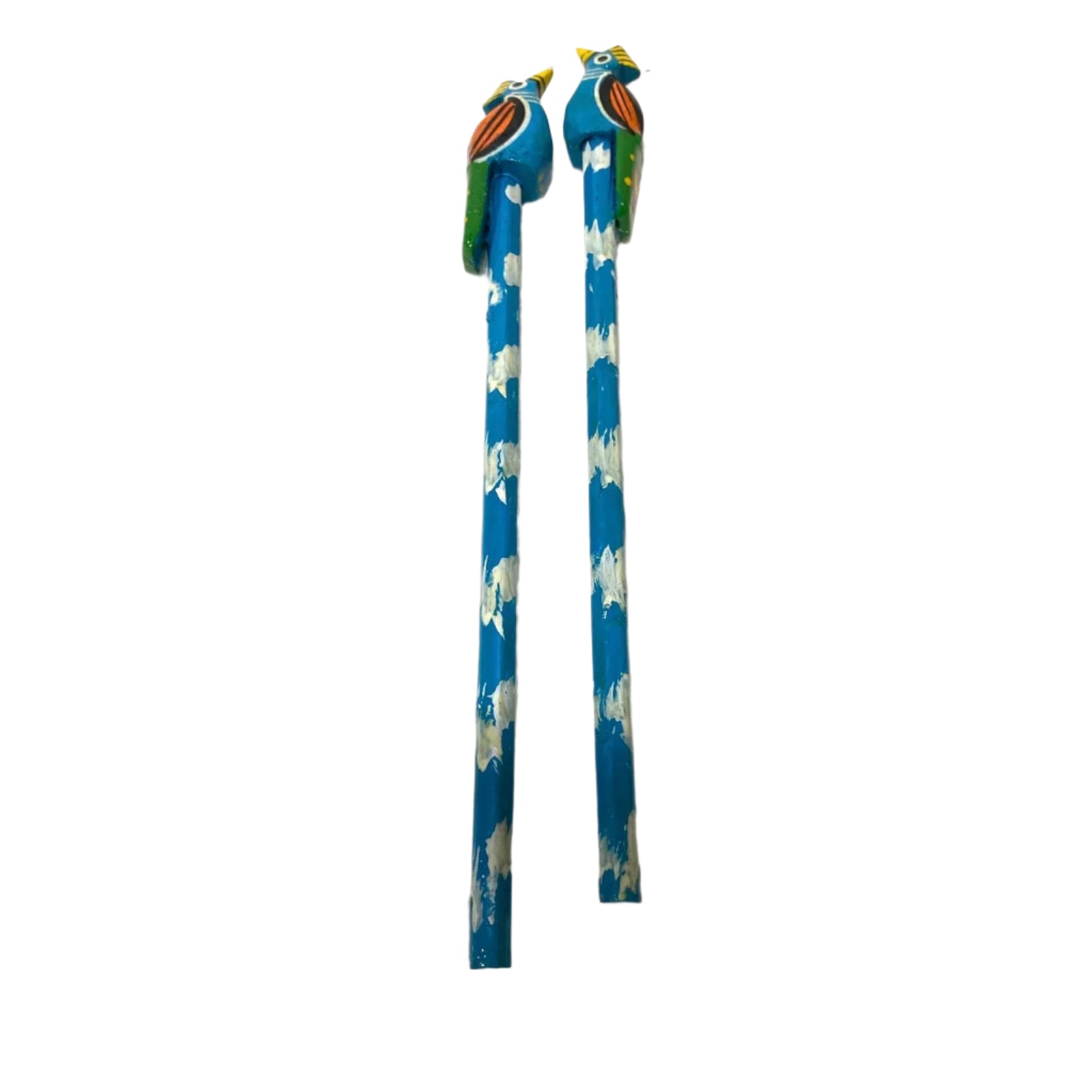 Two blue pencils with bird-shaped erasers on a white background