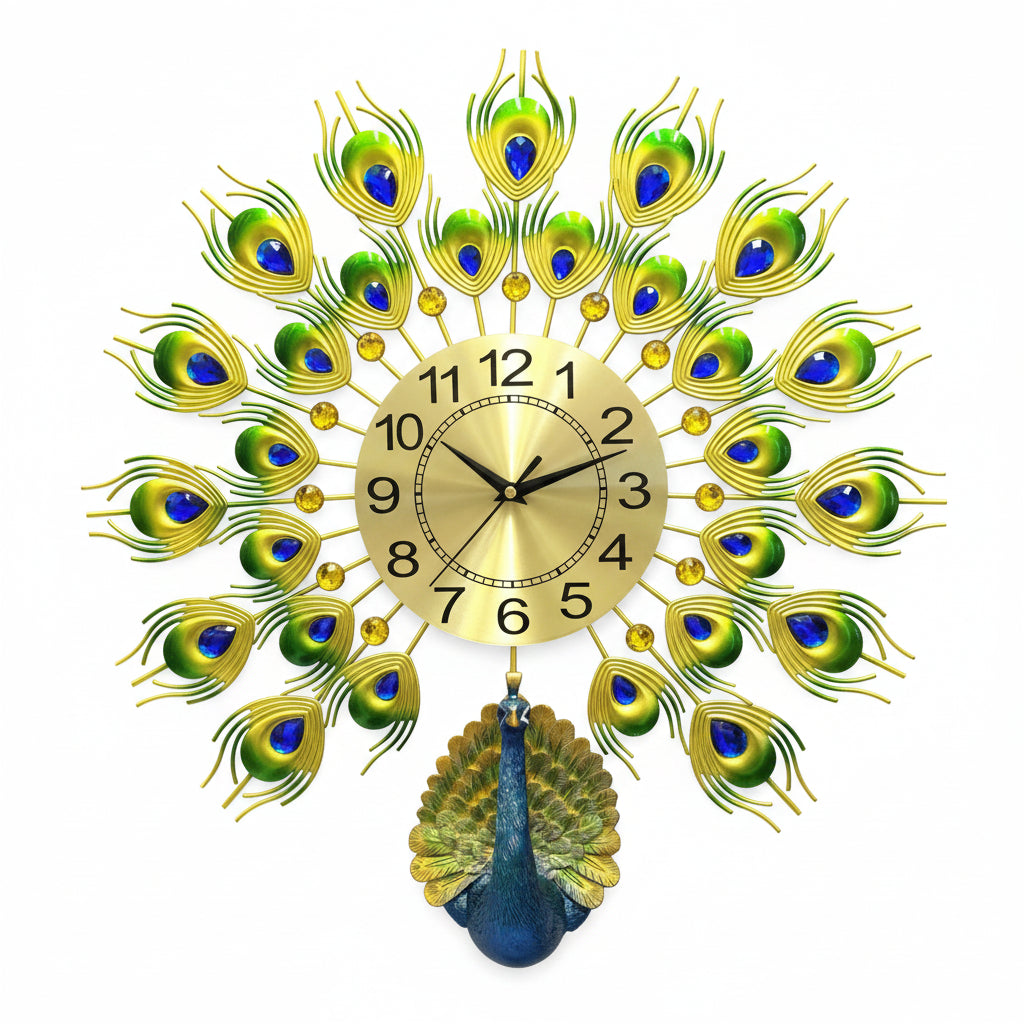 Decorative wall clock with peacock design on a white background