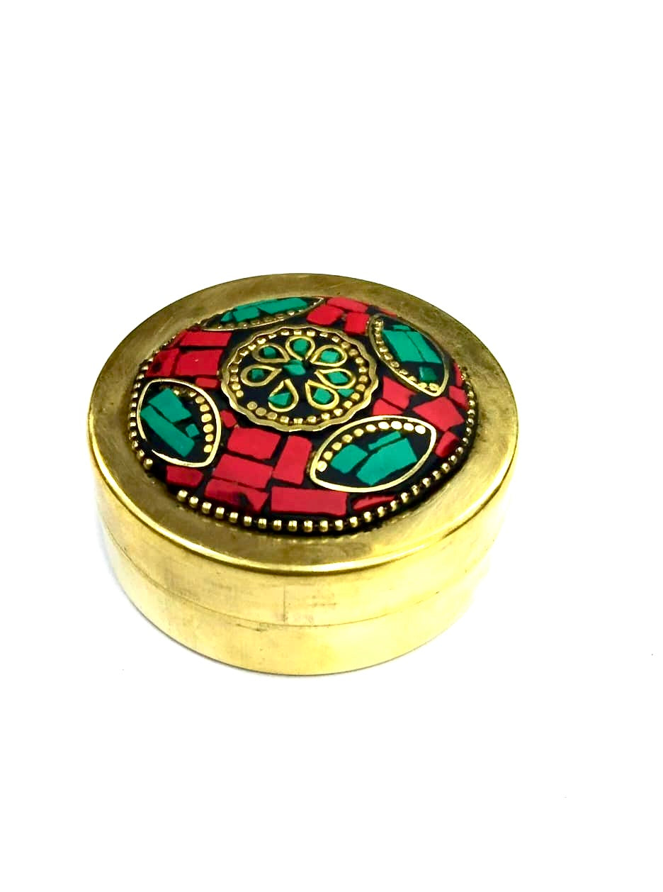 Brass Gemstone Art Dibbi For Storage Of Jewelry Gifting Handcrafted Tamrapatra