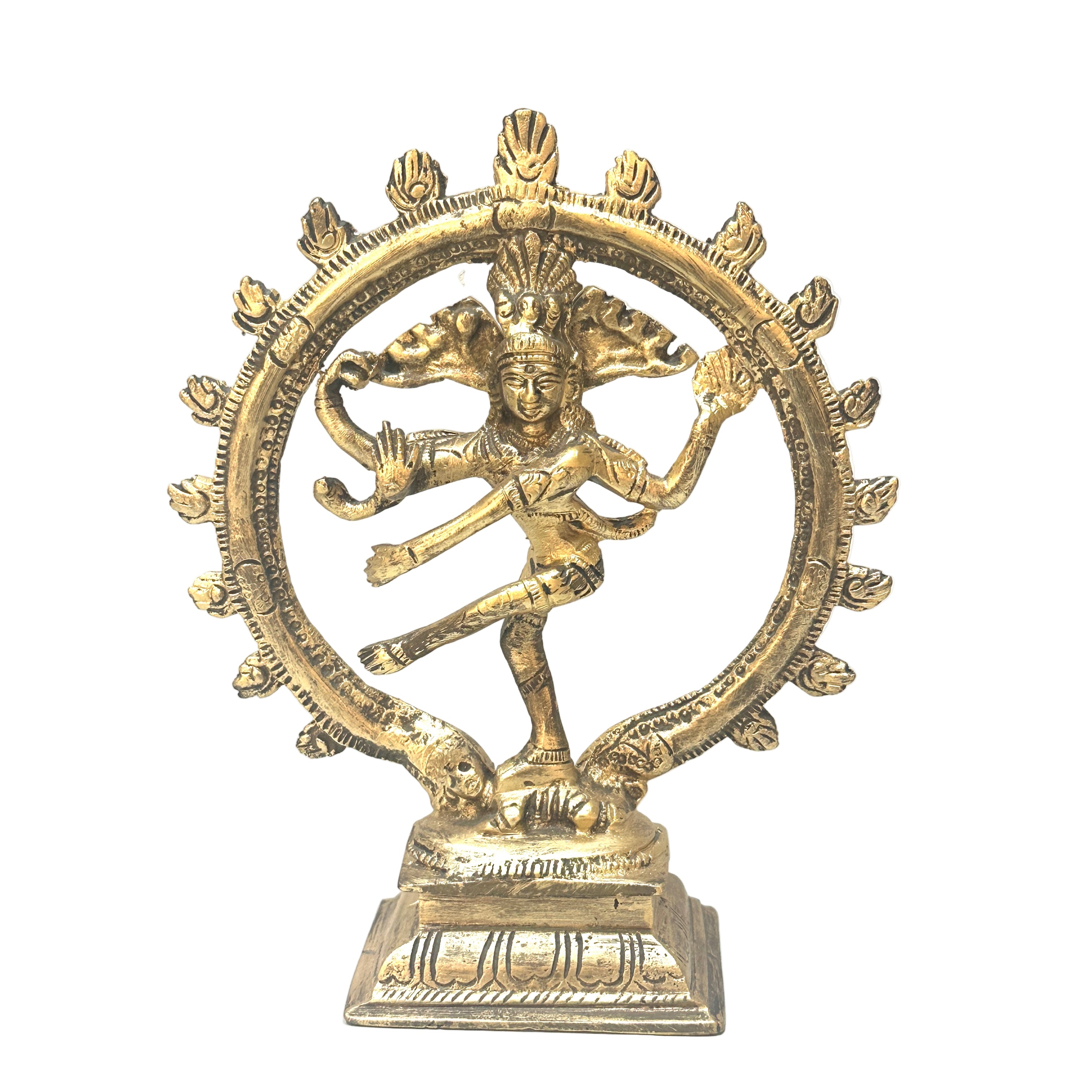 Bronze statue of a dancer with a wheel-like design on a white background