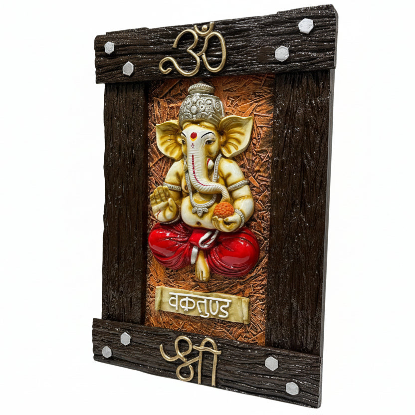 Decorative wall art with an elephant god figure on a wooden frame.