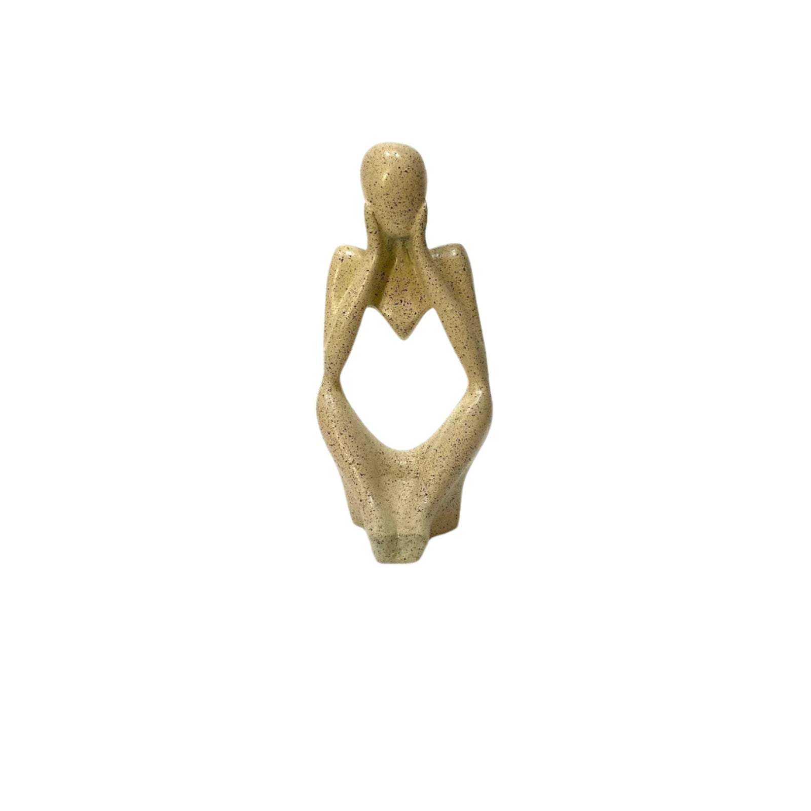 Abstract sculpture of a person sitting on a white surface