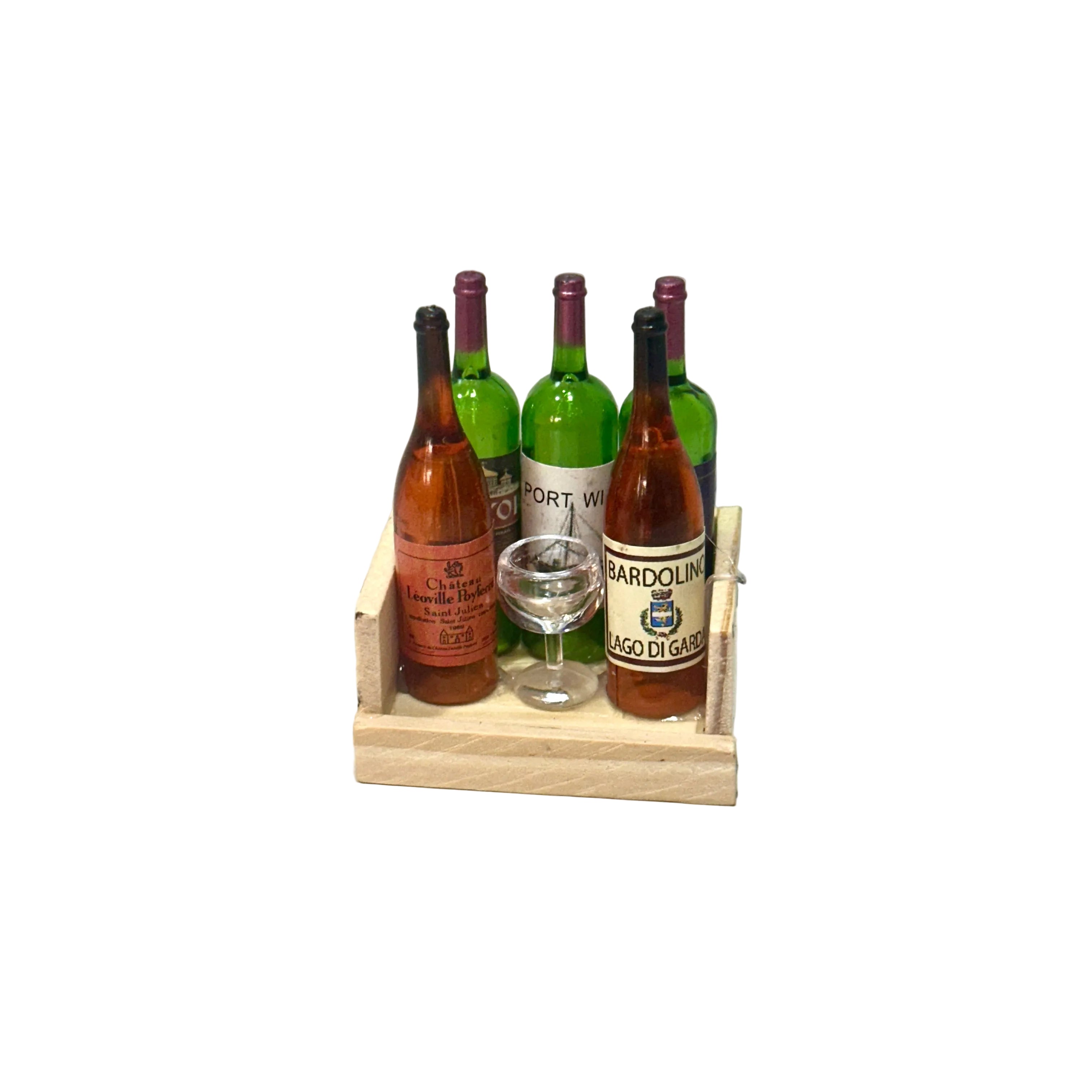 Collection of wine bottles on a wooden stand with a white background