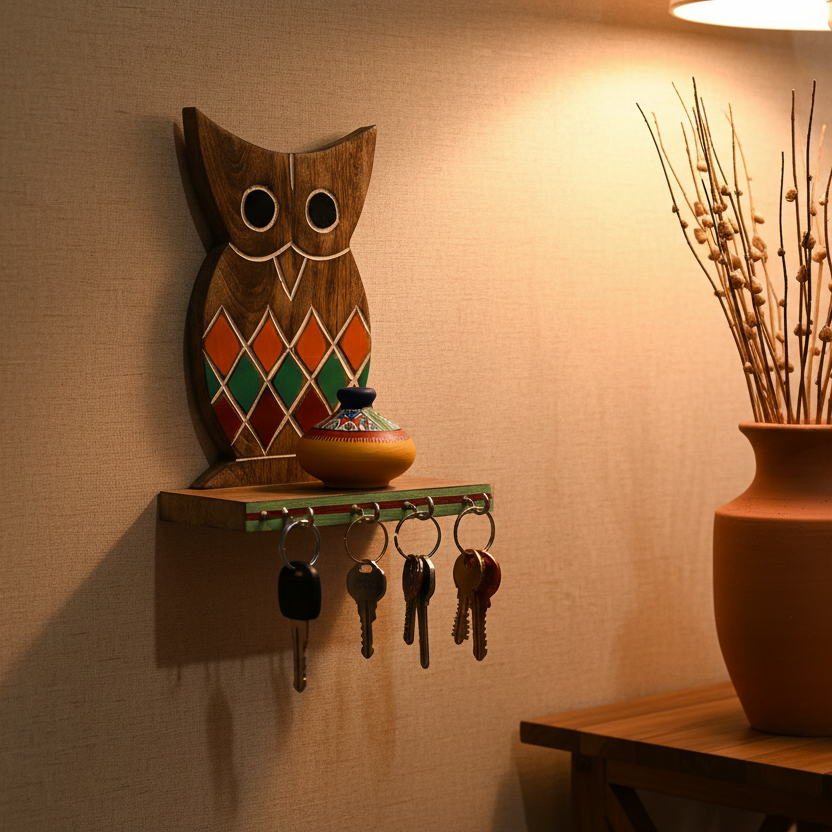 Attractive Handmade Shelf Owl Design Wooden Handicrafts Utility By Tamrapatra - Tamrapatra