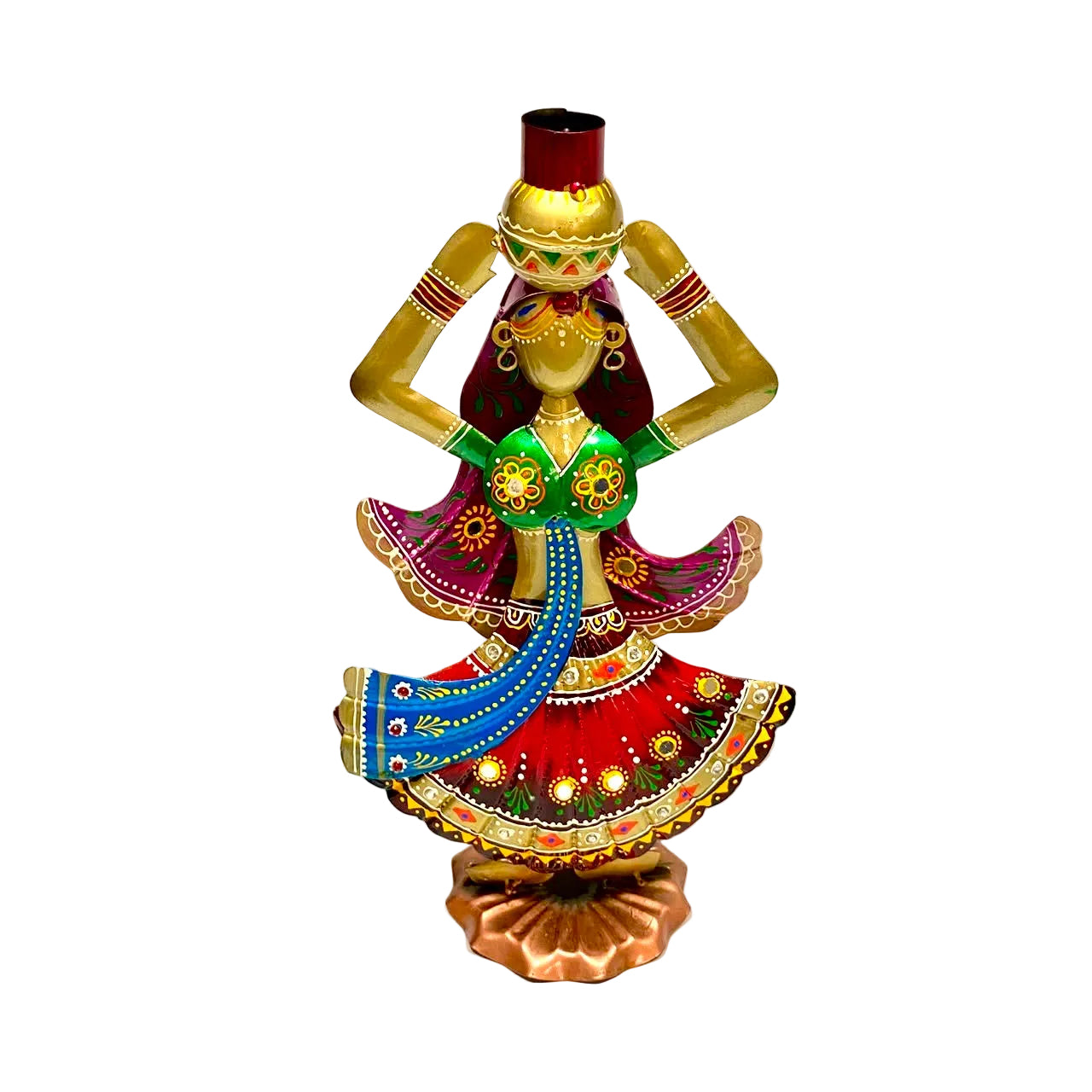 Metal Figurine Woman Carrying Matka Pot Colourful Showpiece By Tamrapatra