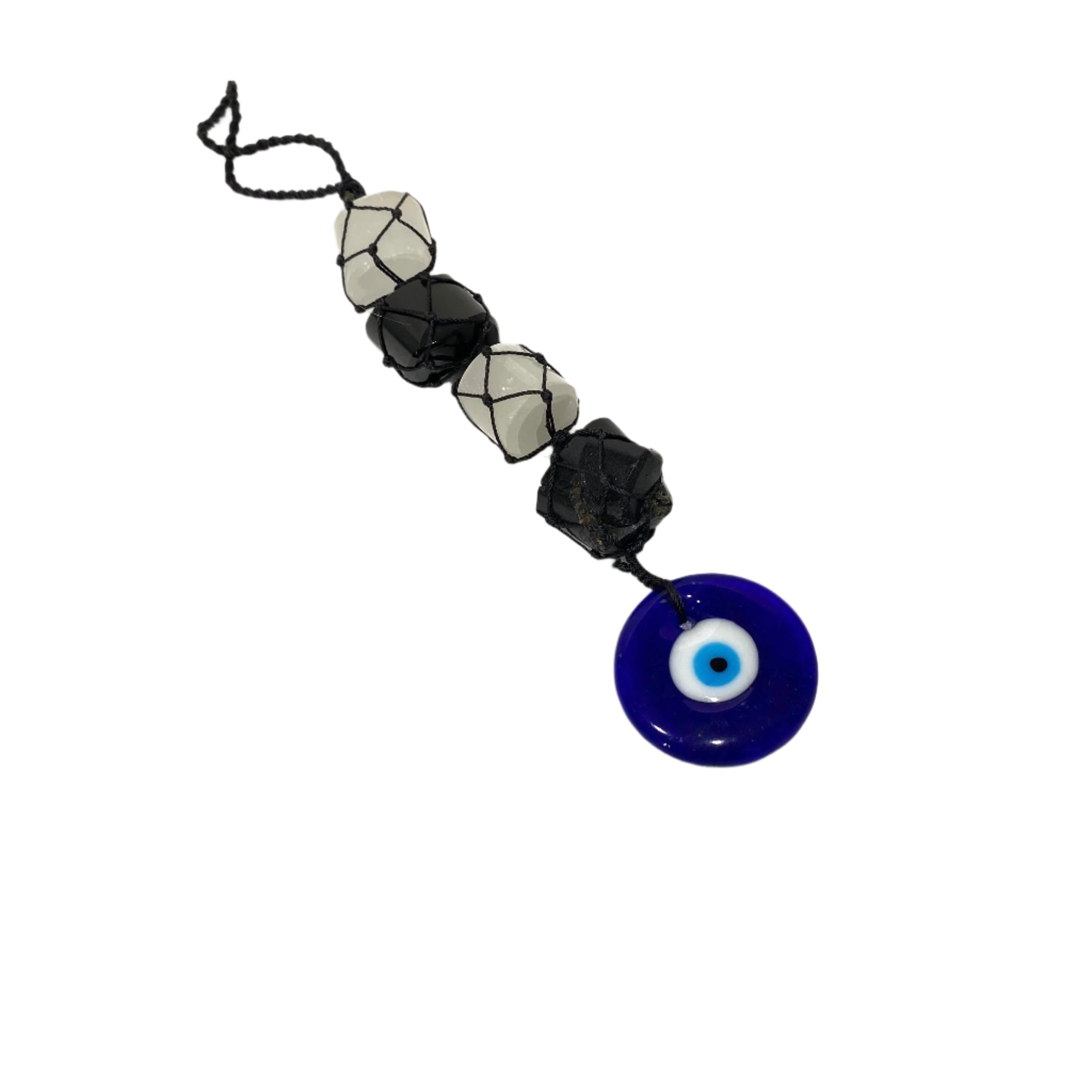 Necklace with geometric beads and a blue evil eye pendant on a white background