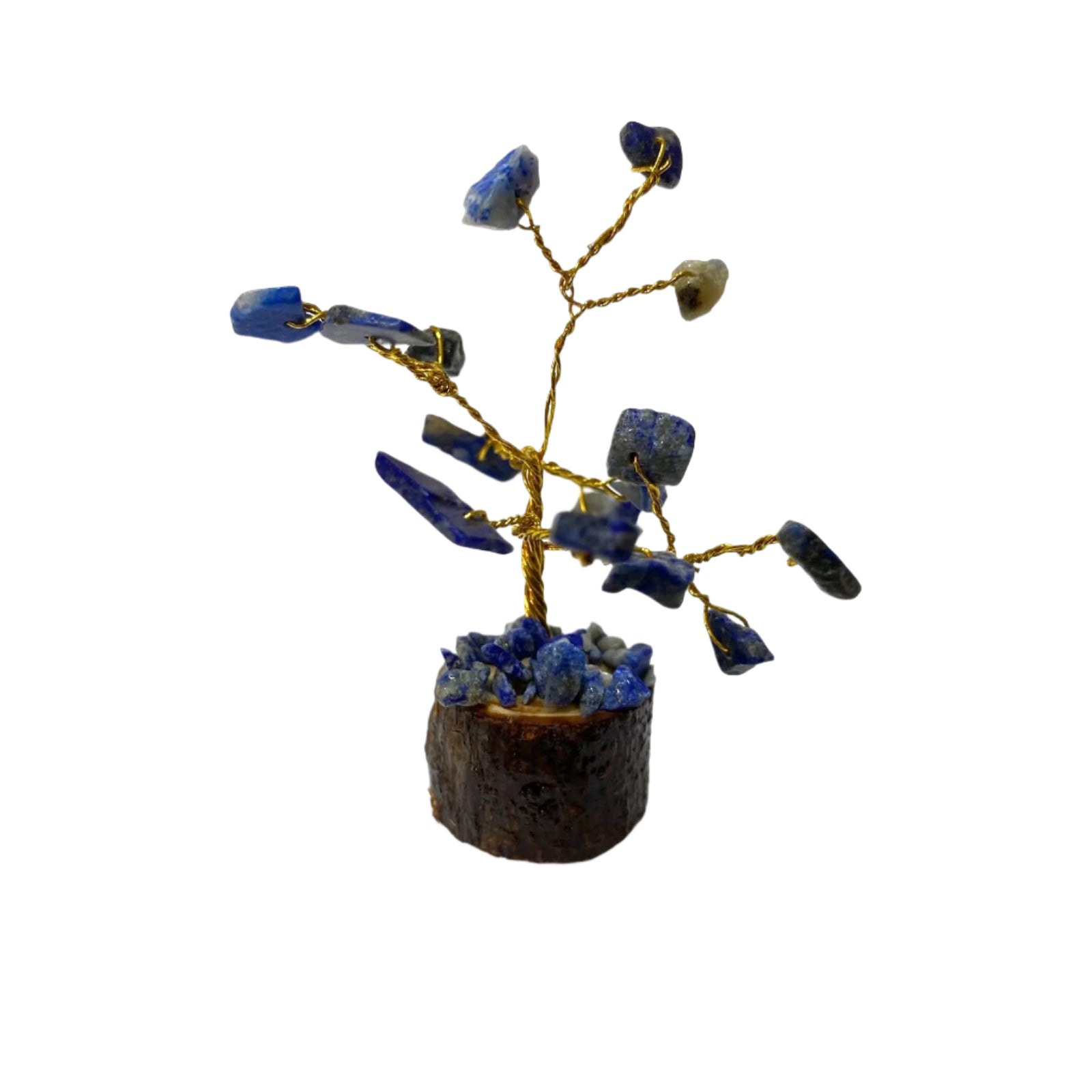 Decorative tree made of blue stones and gold branches on a white background