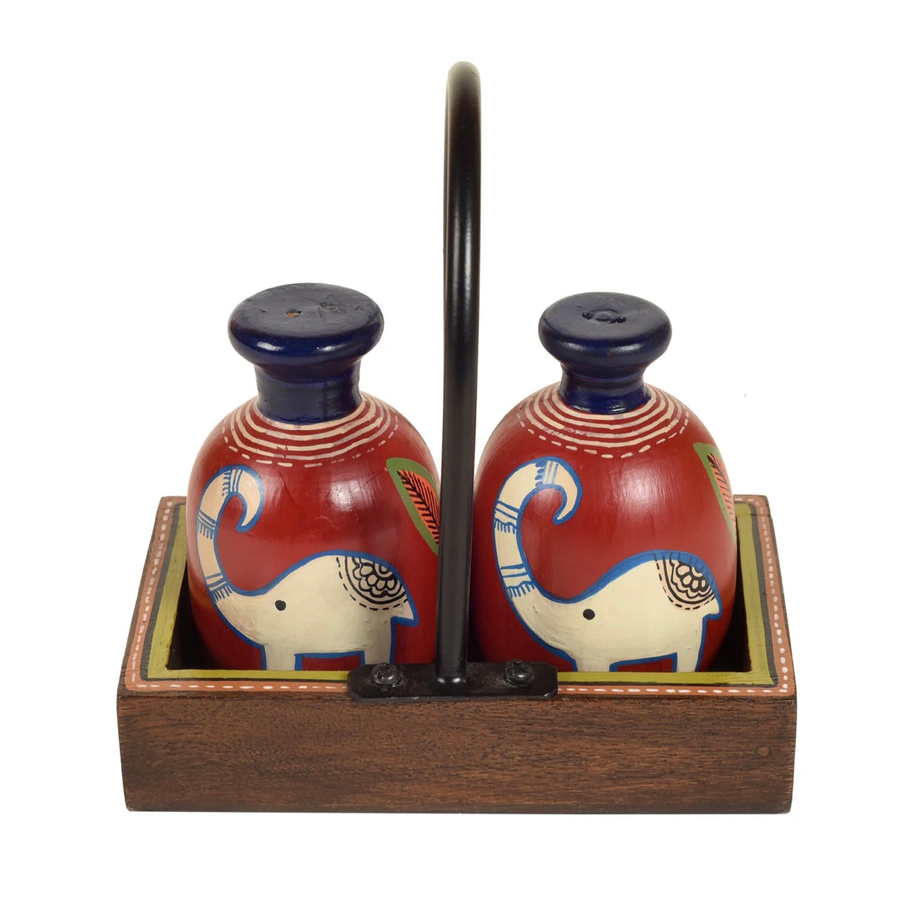Salt Pepper Shakers In Terracotta Hand Painted In Wooden Tray Utility By Tamrapatra