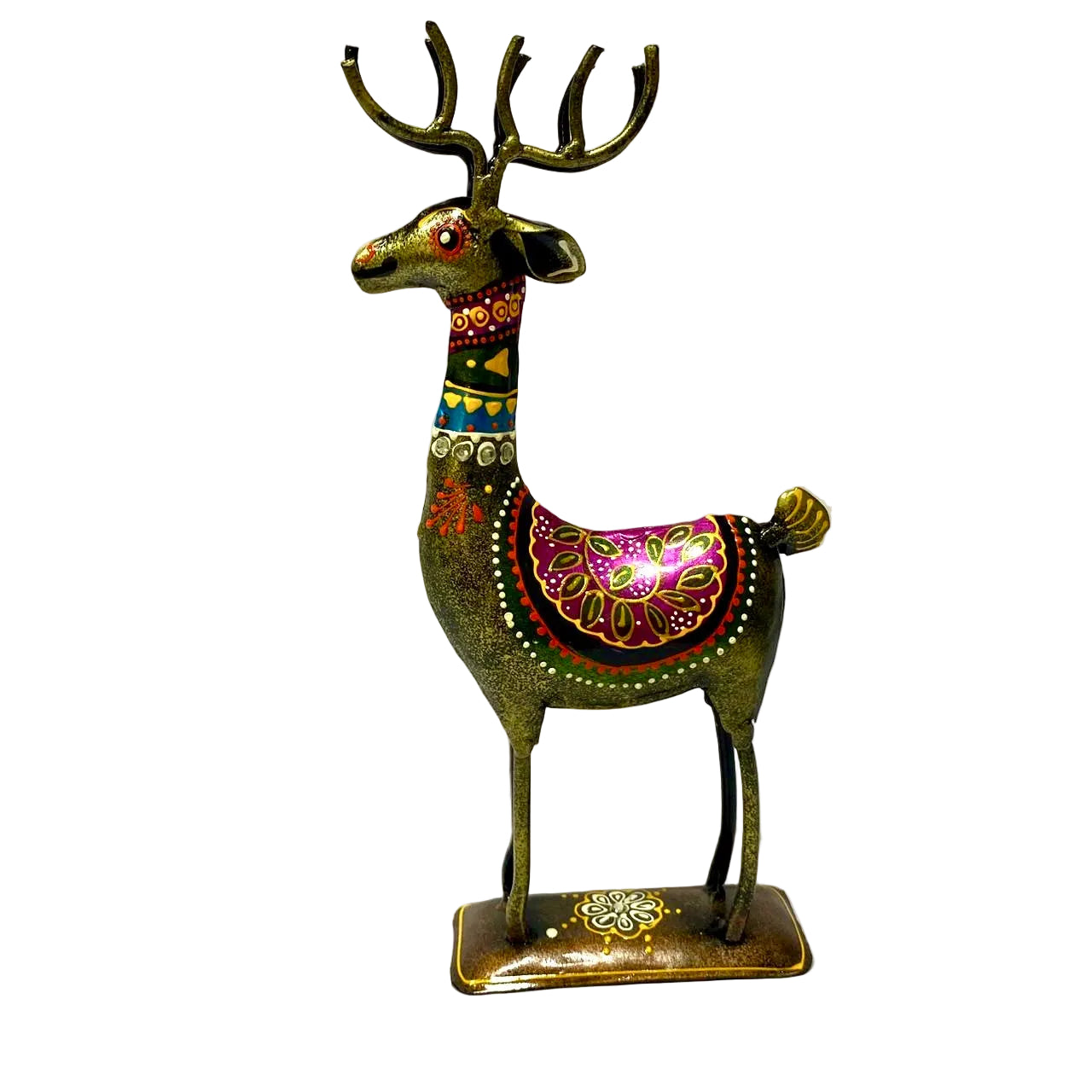 Decorative deer figurine with colorful patterns on a white background
