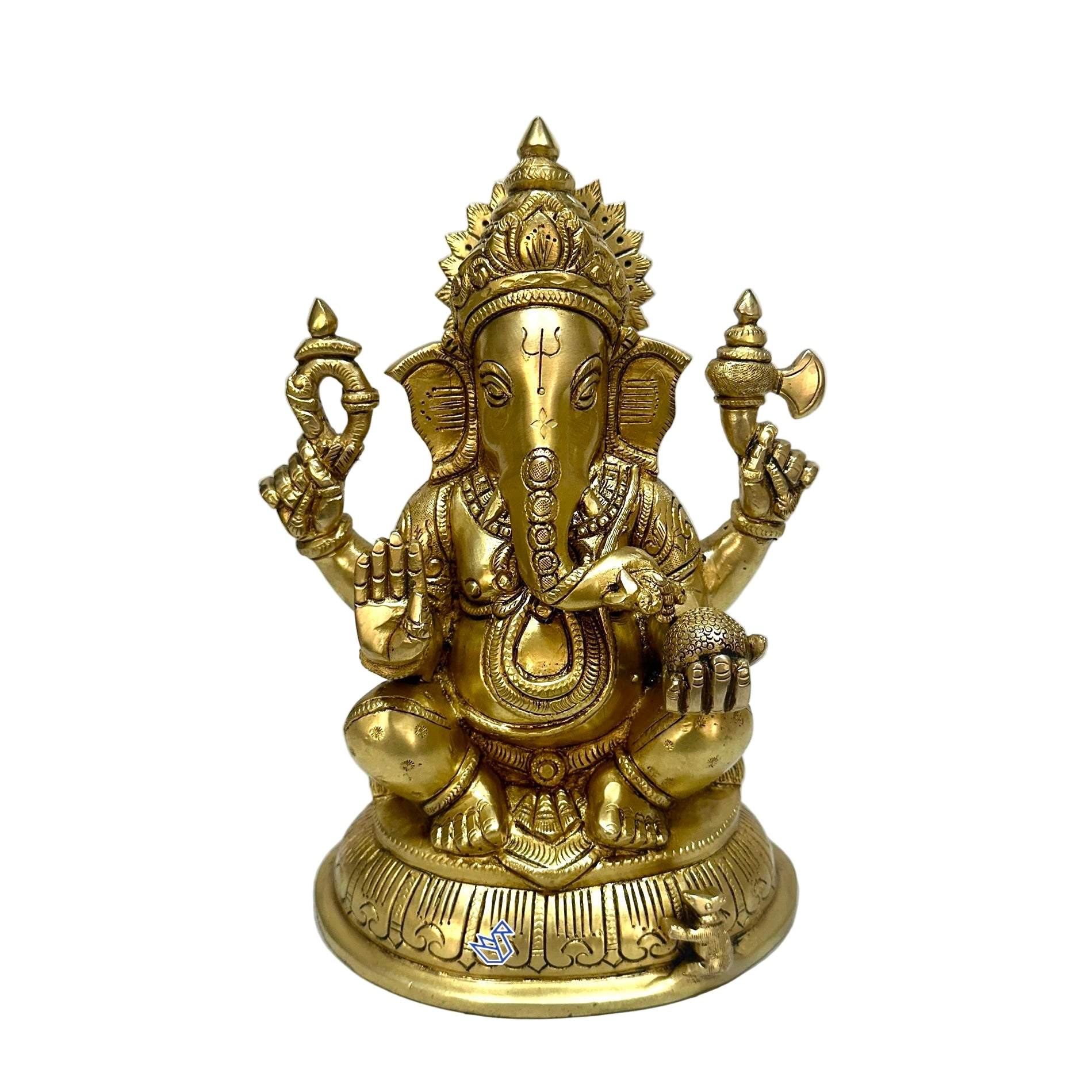 Gold-colored statue of a deity with a white background