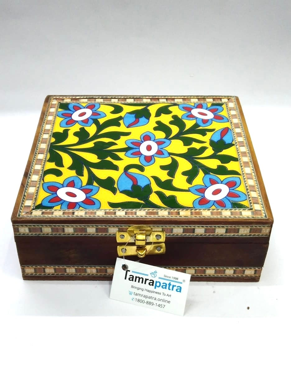 Blue Pottery Tile Wooden Box Storage Utility Jewelry New Arrival Tamrapatra