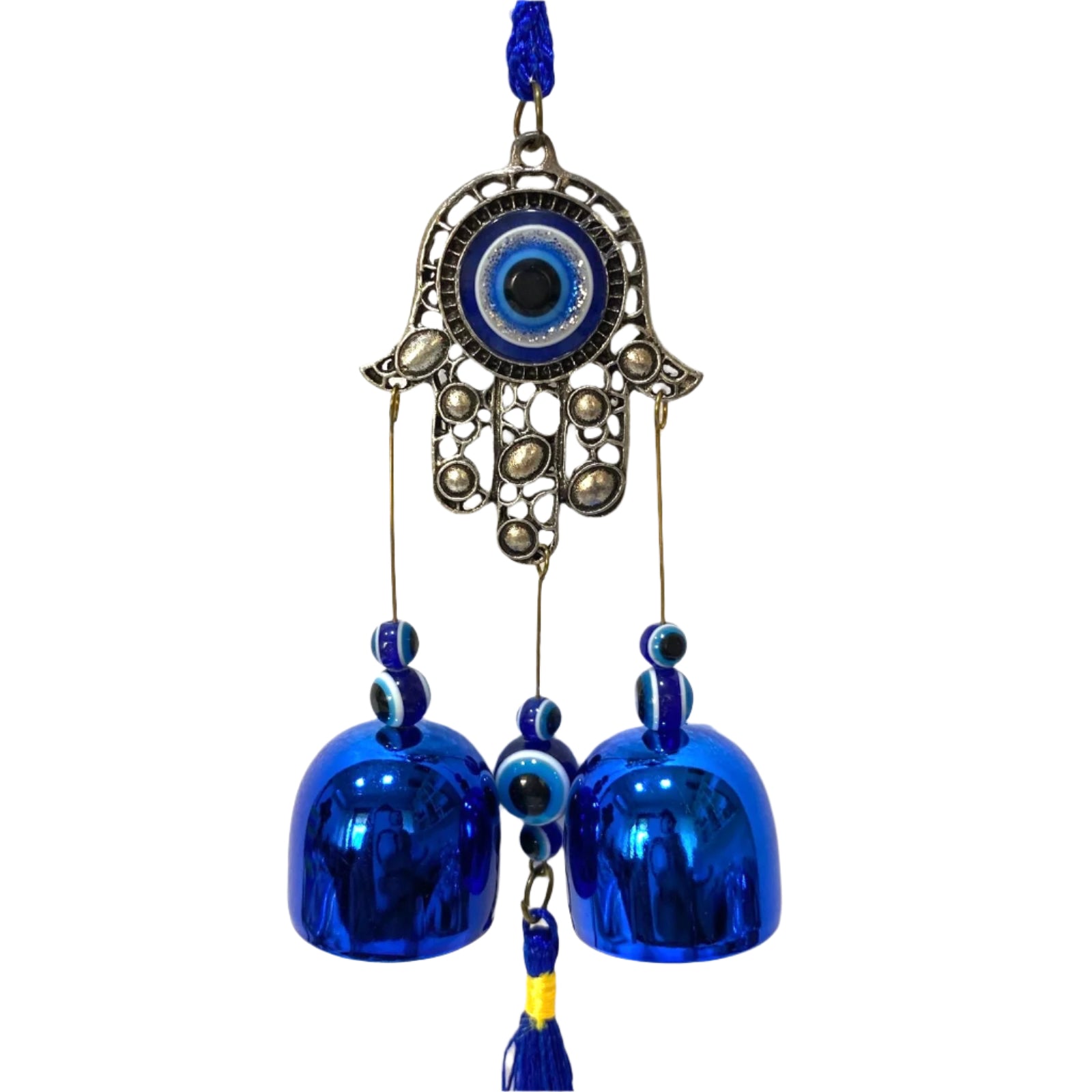 Decorative hanging with blue evil eye design and bells on a white background