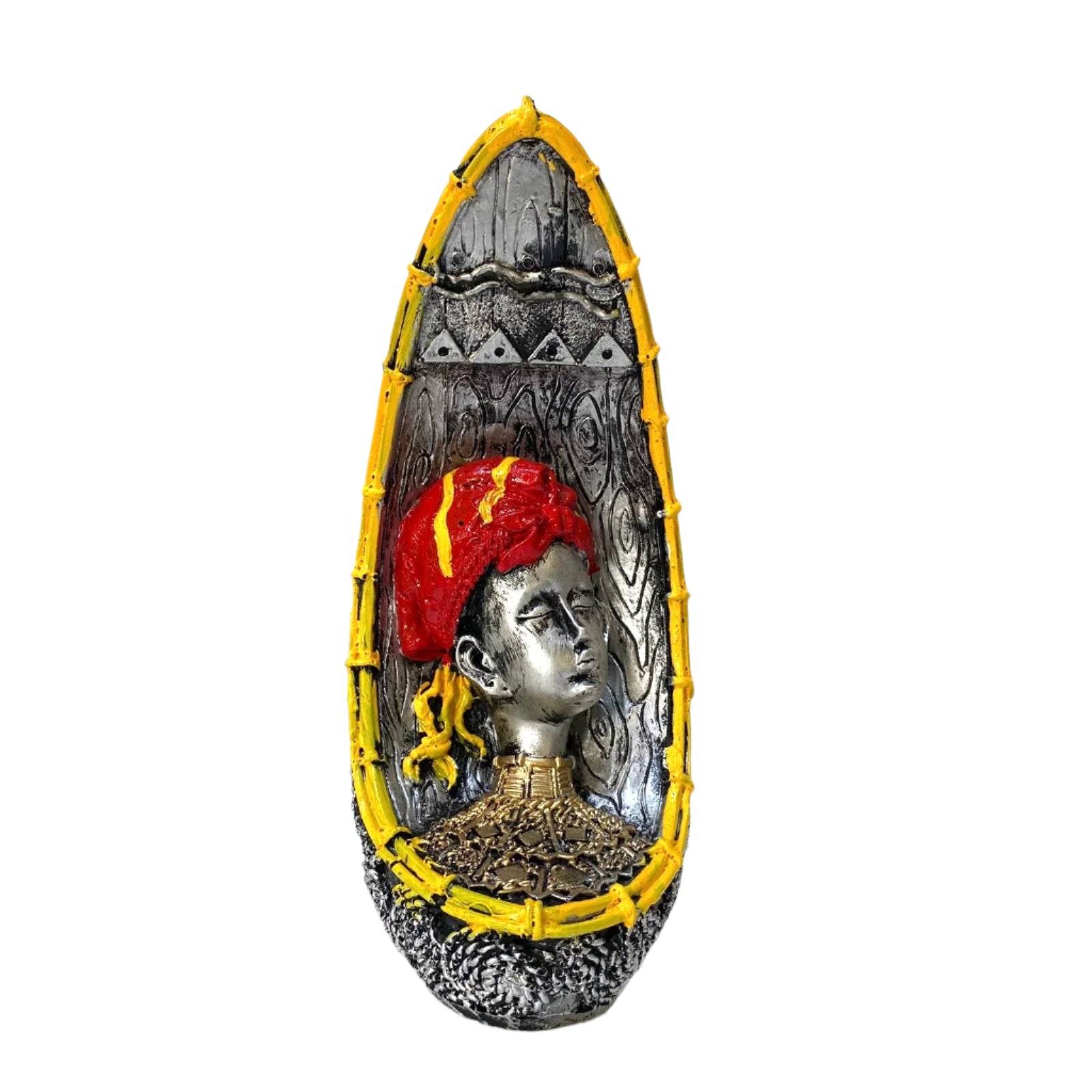 Decorative wall piece with a stylized face design on a white background
