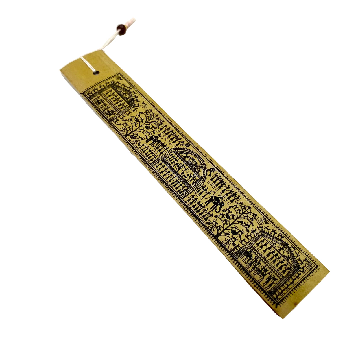 A vintage brass measuring ruler with detailed black engraved illustrations of Indian architecture and motifs, shown on a light off-white surface.