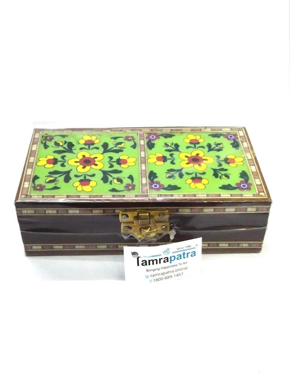 Two Tile Storage Box Wooden Blue pottery in Various Shades By Tamrapatra