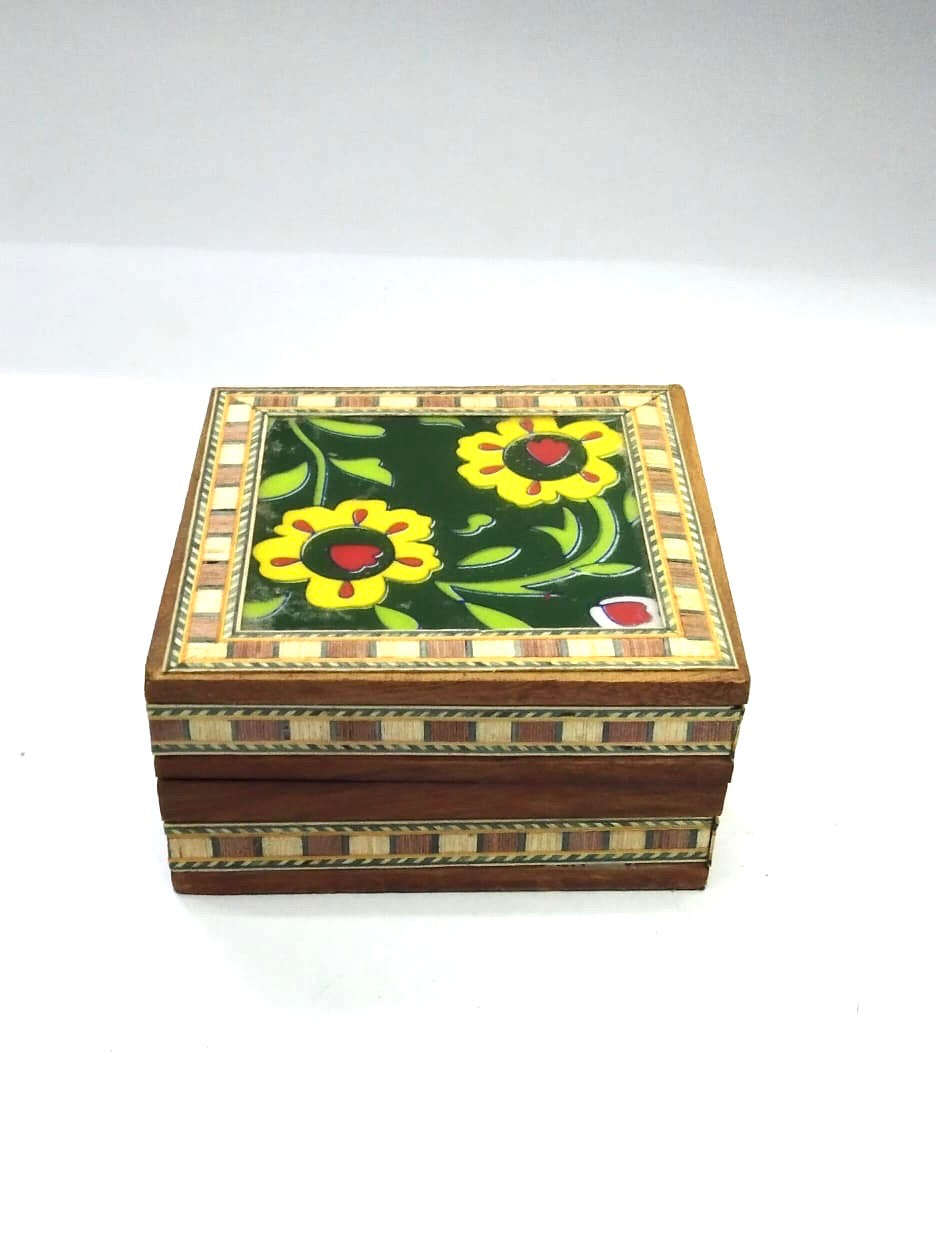 Single Blue Pottery Tile Wooden Box Storage Utility Handcrafted From Tamrapatra