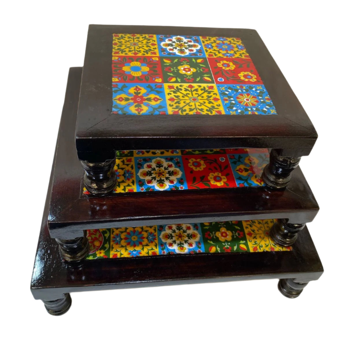 Wooden Stool With Blue Pottery Tiles Exclusive Furniture Collection From Tamrapatra