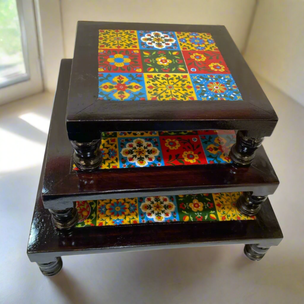 Wooden Stool With Blue Pottery Tiles Exclusive Furniture Collection From Tamrapatra