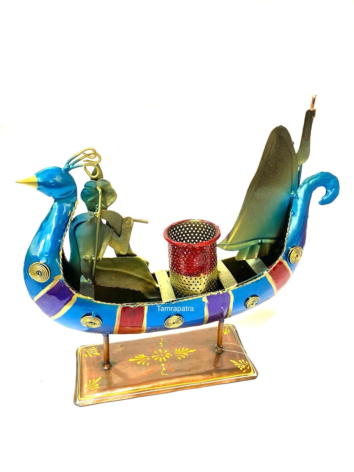 Innovative Boat Metal Radha Krishna Stand Multi Purpose Holder Tamrapatra