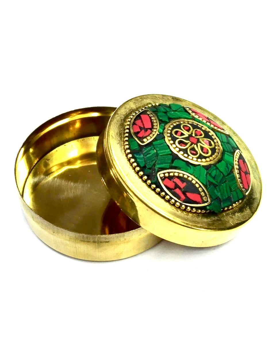 Brass Gemstone Art Dibbi For Storage Of Jewelry Gifting Handcrafted Tamrapatra