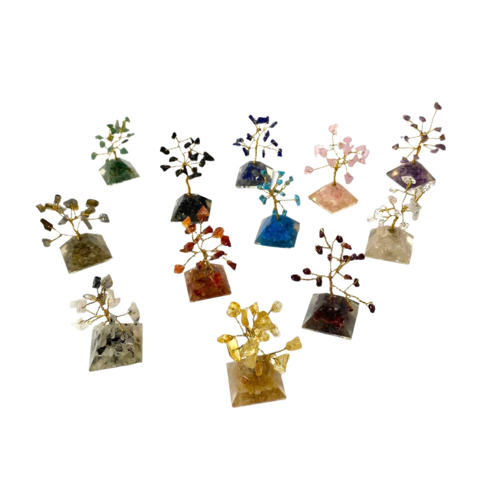 Collection of small crystal structures on a white background