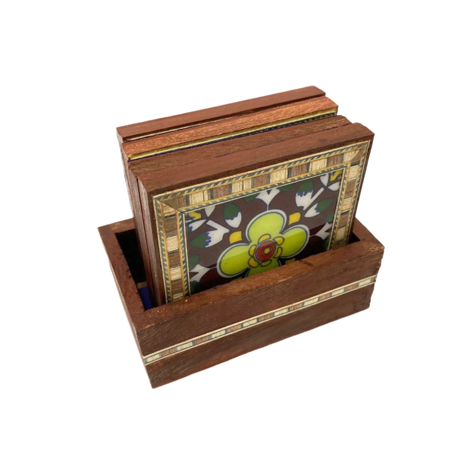 Wooden box with a floral design on a white background
