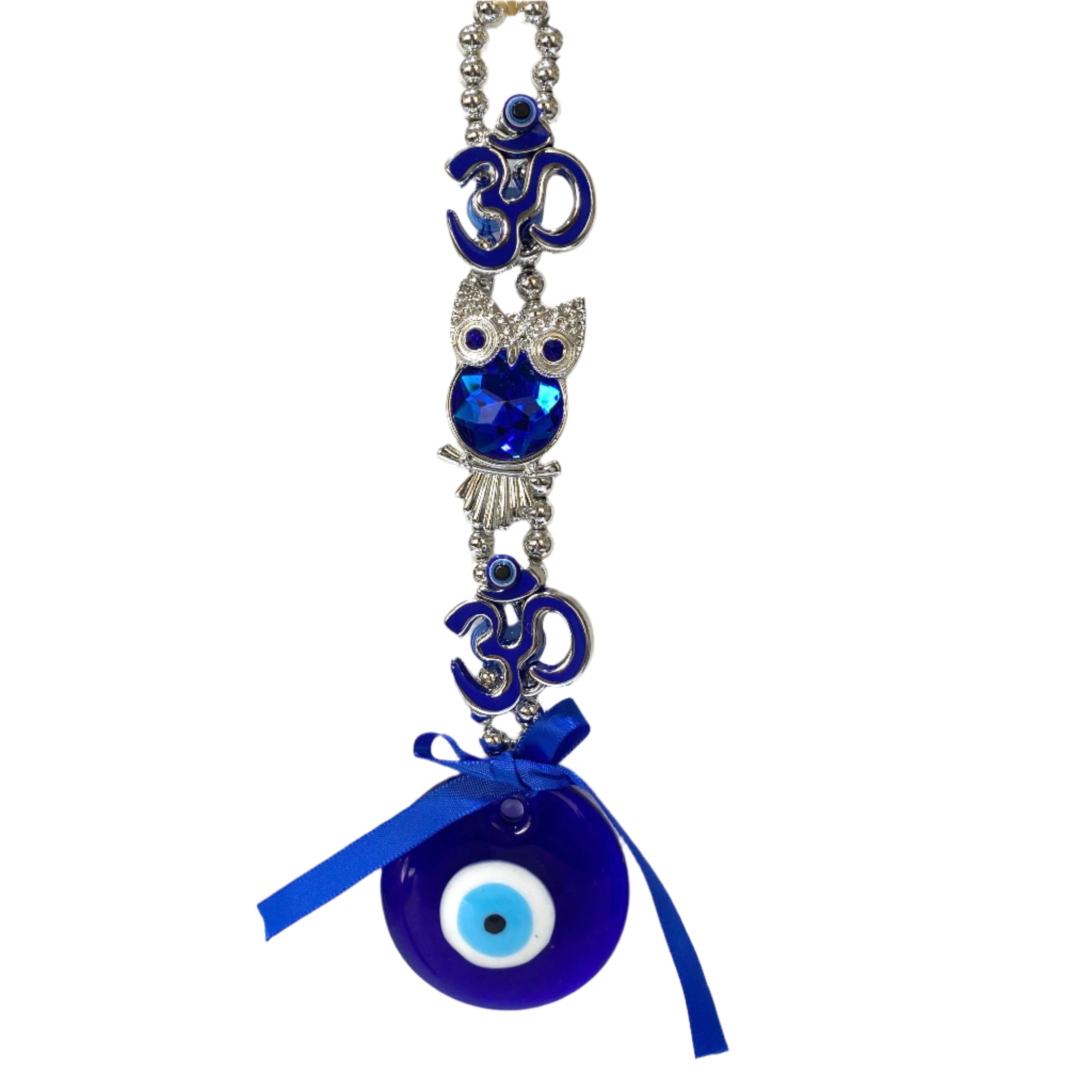 Decorative hanging with blue evil eye charm and OM symbol on a white background