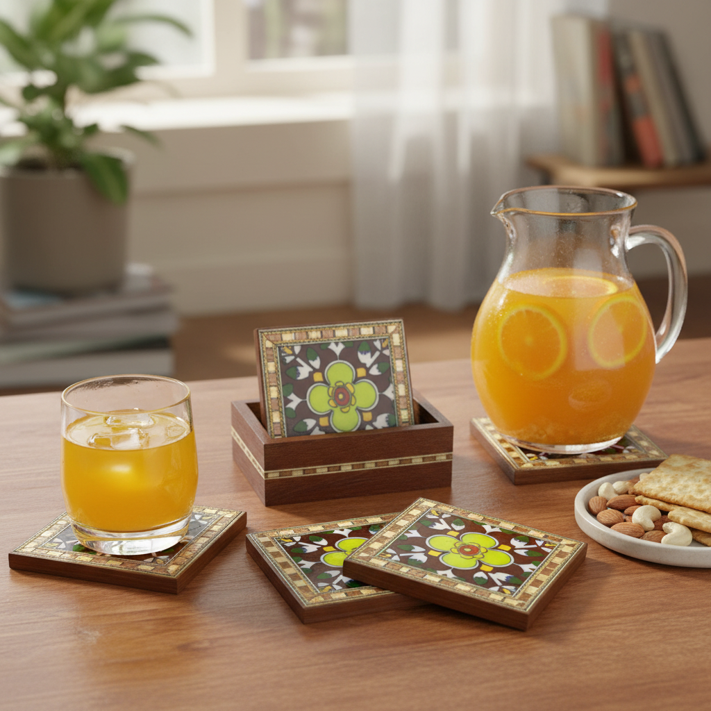 Wooden Blue Pottery 4 Tea Coasters Natural Handcrafted Utility By Tamrapatra - Tamrapatra