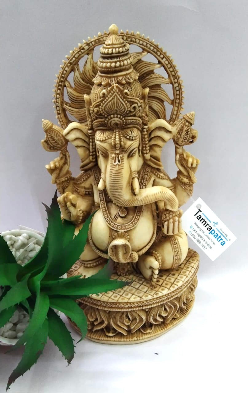 Ganesha Statue Antique Ivory Finish On Marble Dust With Trunks From Tamrapatra