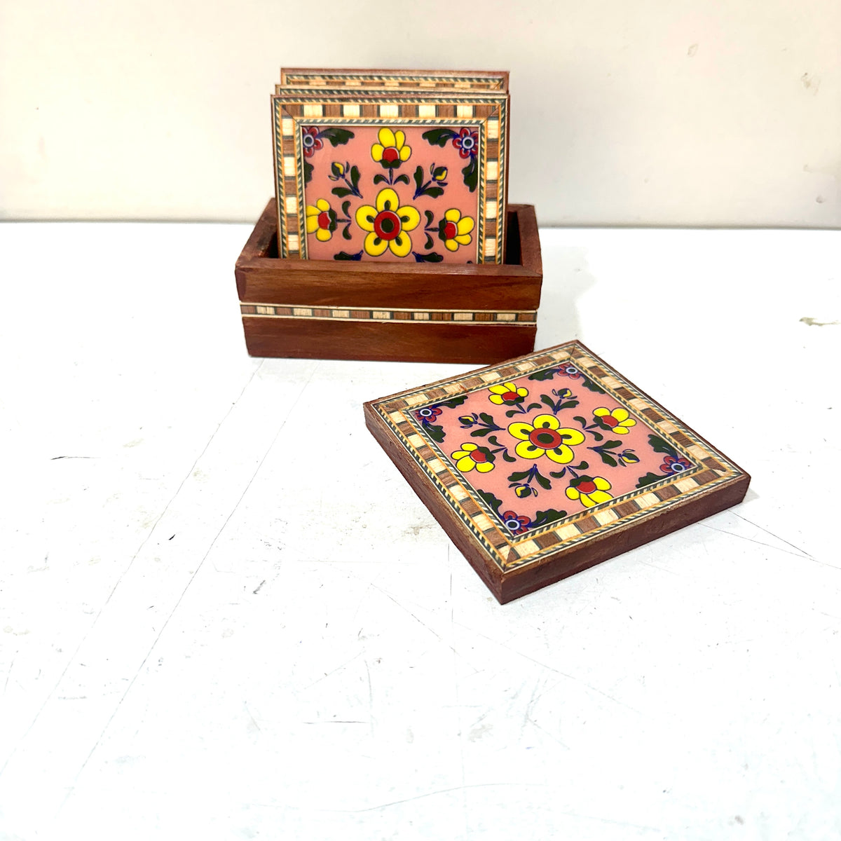 Wooden Blue Pottery 4 Tea Coasters Natural Handcrafted Utility By Tamrapatra - Tamrapatra