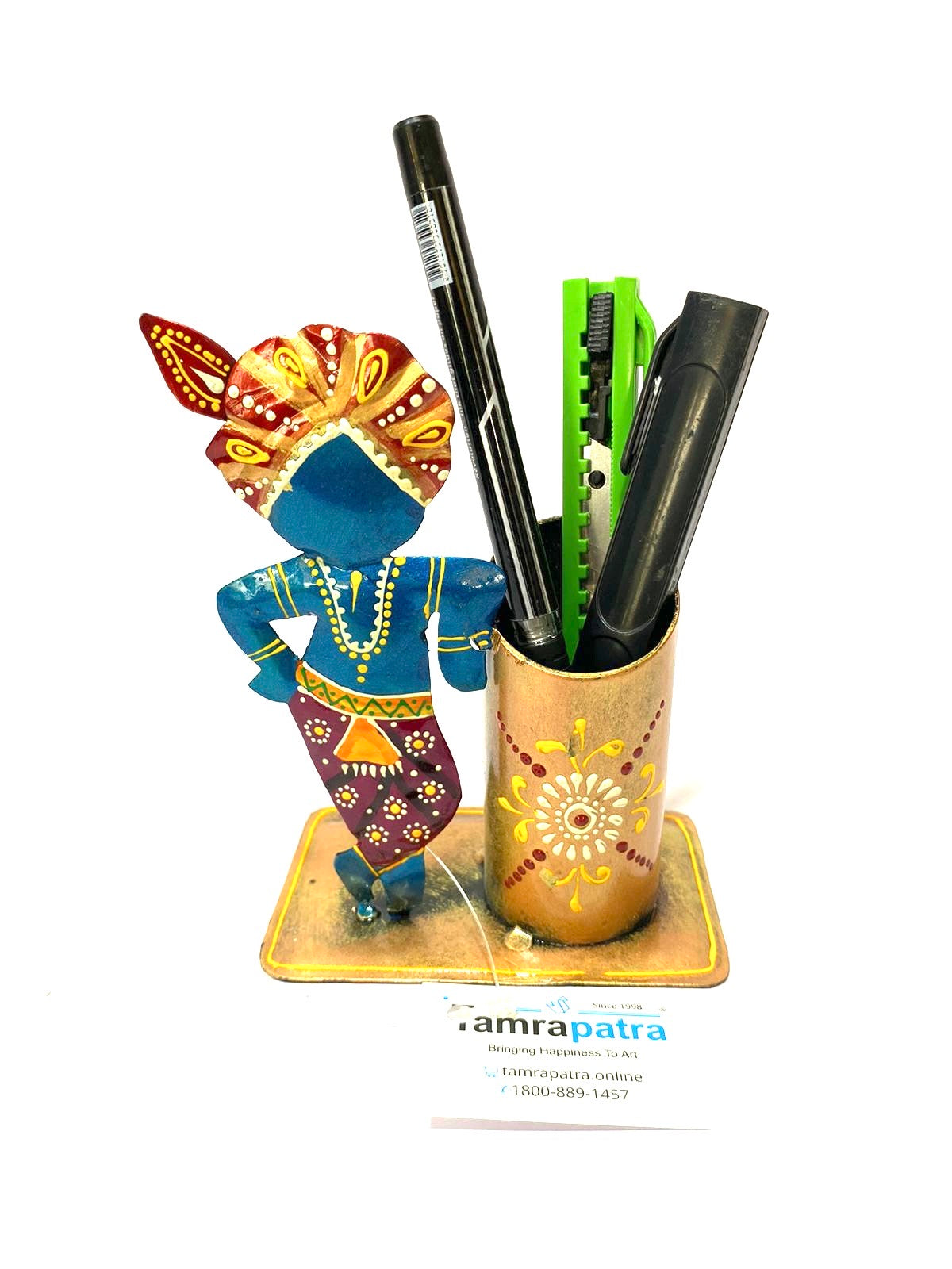 Creative Metal Pen Stand With God Figurine New Arrivals Handmade From Tamrapatra