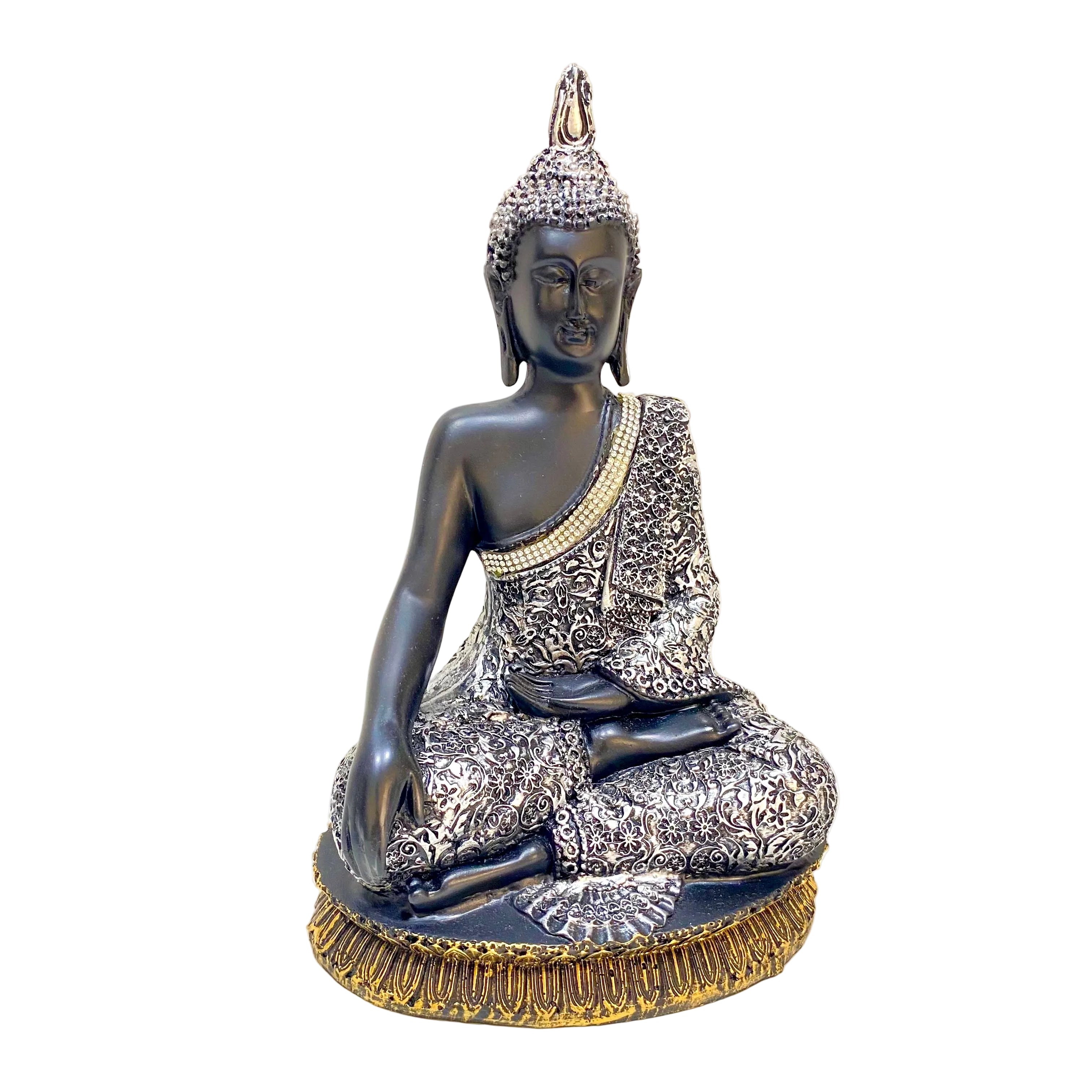Decorative Buddha statue with intricate designs on a plain background