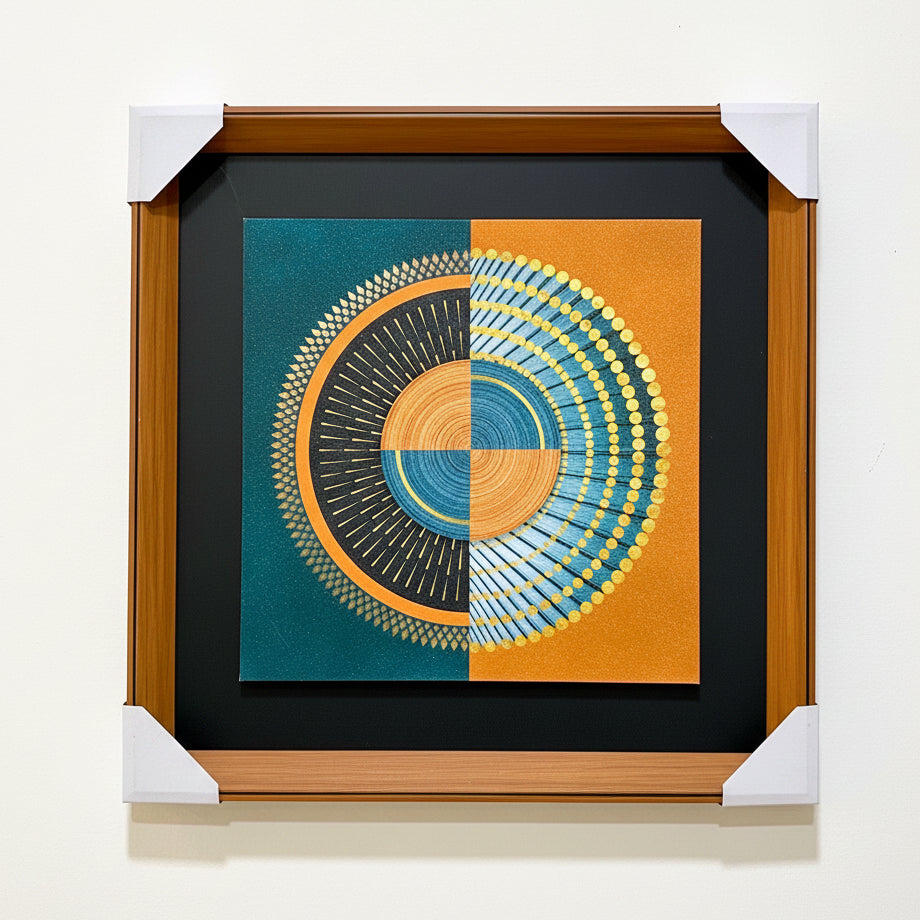 Framed abstract artwork with concentric circle design on a textured wall.