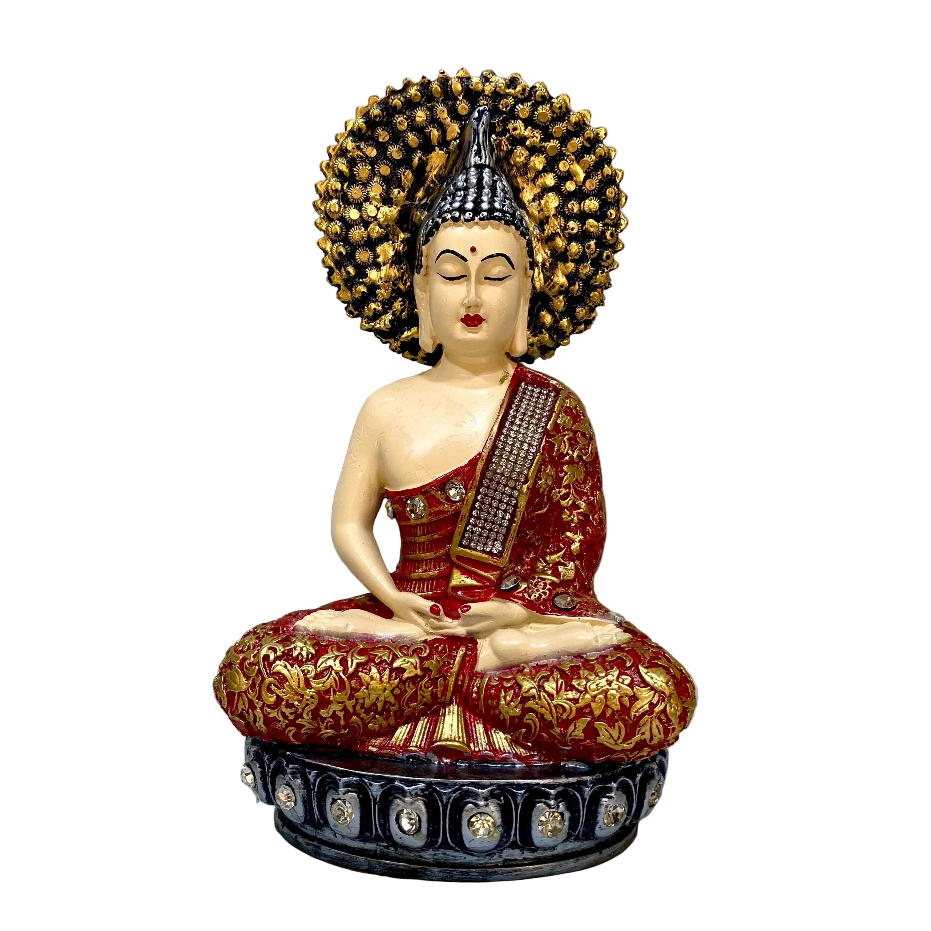 Buddha statue with intricate details on a plain background
