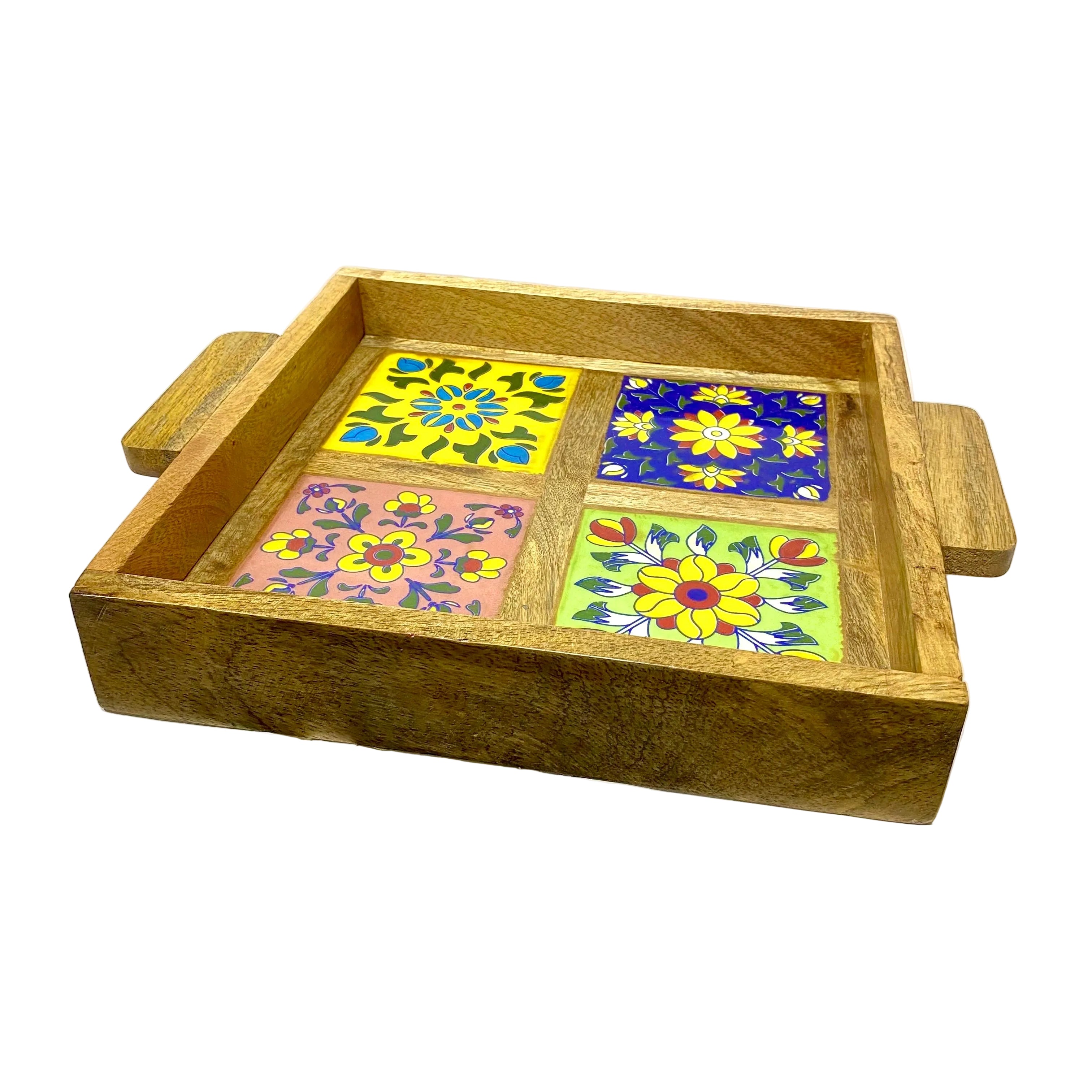 Wooden tray with colorful floral designs on a white surface