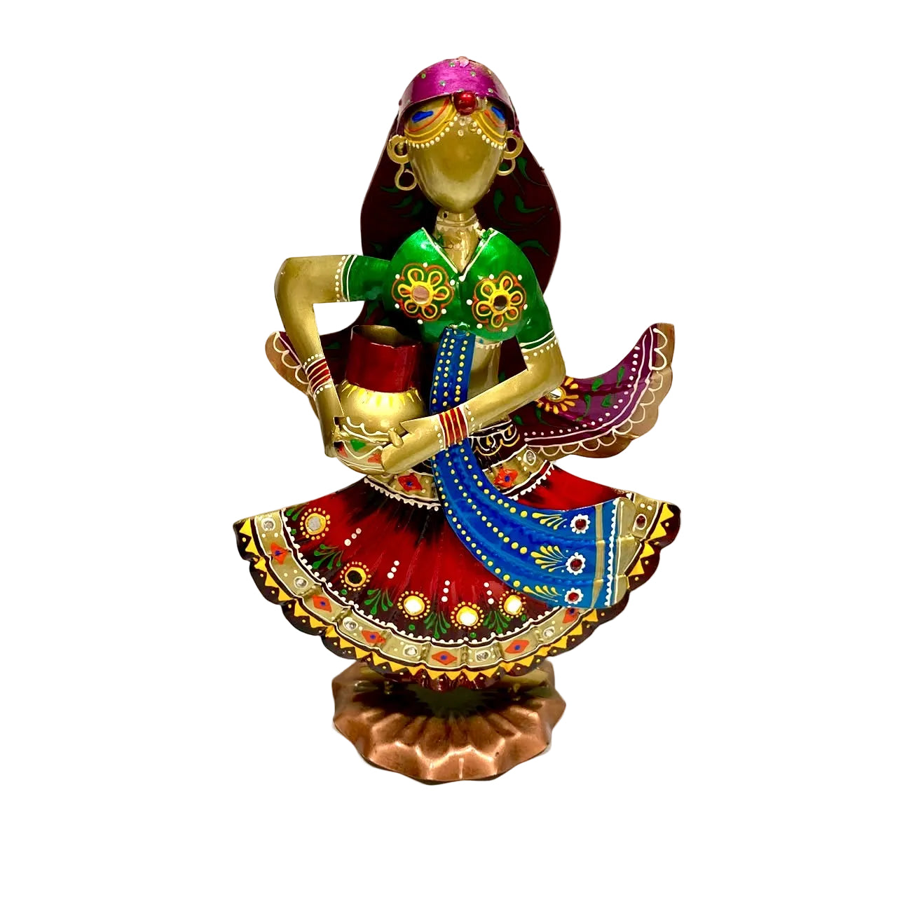 Metal Figurine Woman Carrying Matka Pot Colourful Showpiece By Tamrapatra