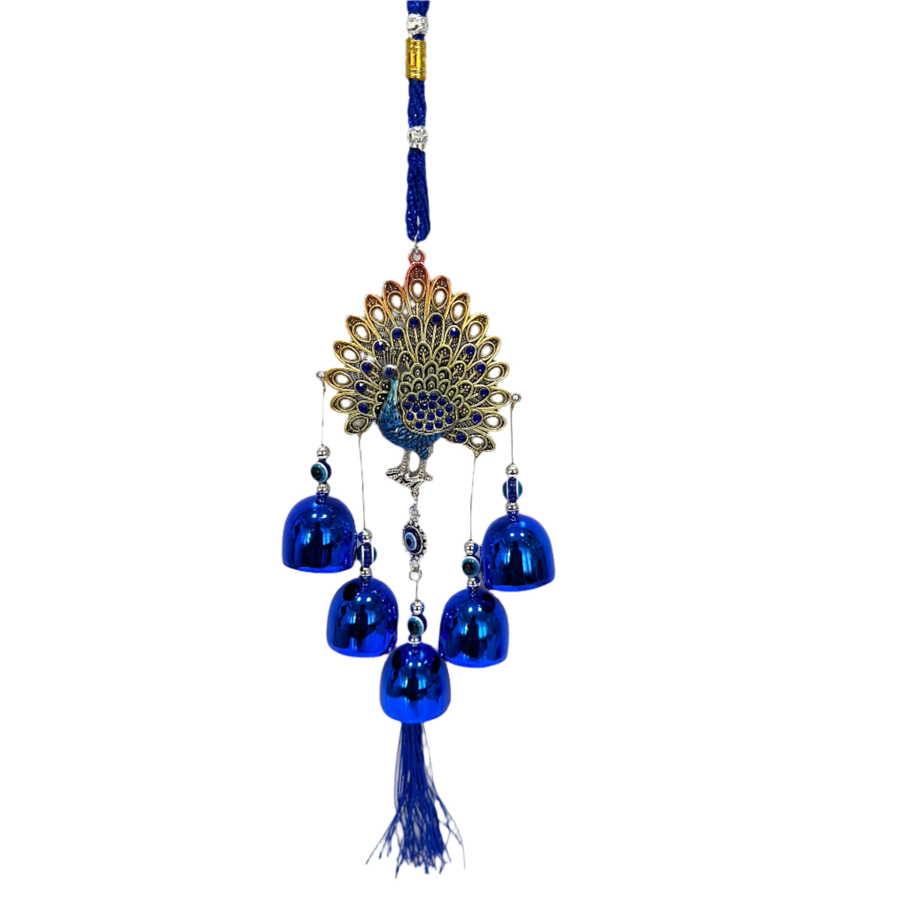 Decorative hanging with blue bells and peacock feather design on a white background