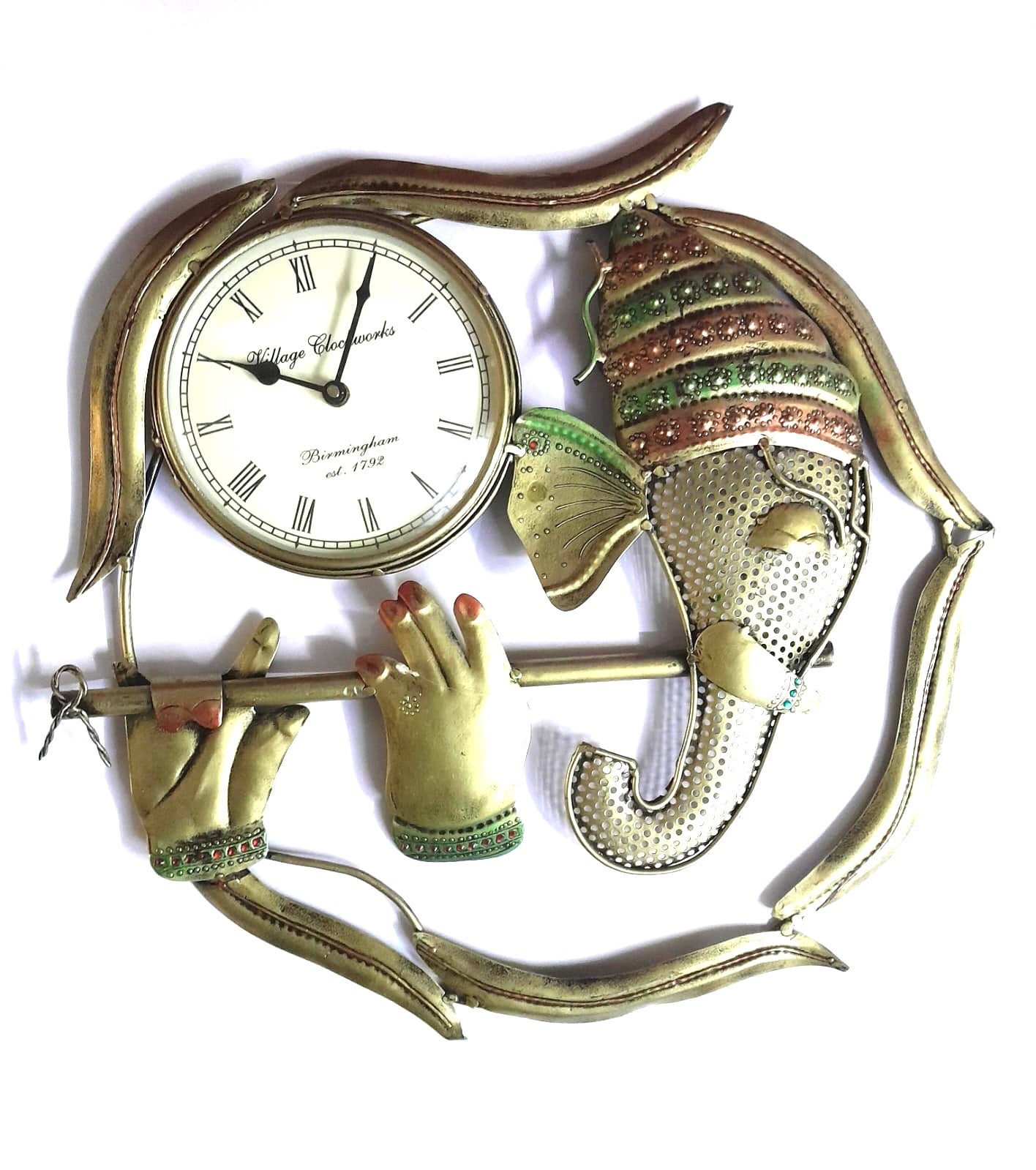 Metal Artwork Of Krishna Ganesh With Clock Wall Décor Utility By Tamrapatra