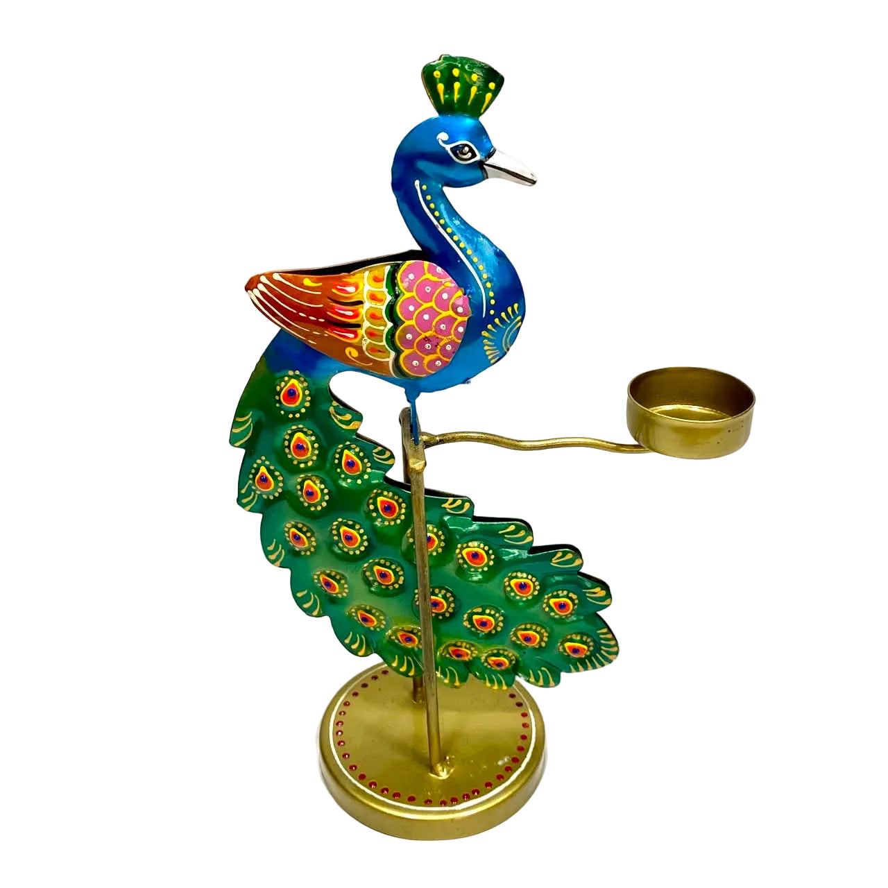 A decorative peacock figurine with a gold-tone metal stand and a small brass cup on its arm, set against a plain off-white background.