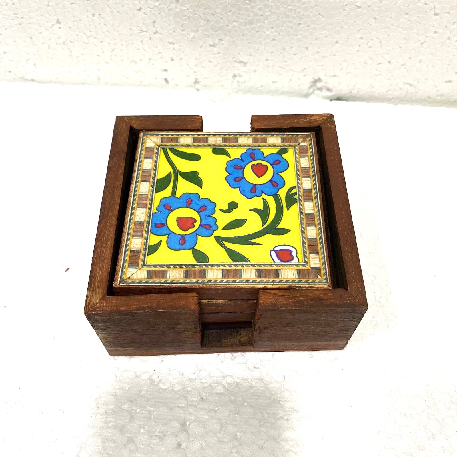 Blue Pottery Tile Fitted Tea Coaster Made With Wood Tableware Tamrapatra