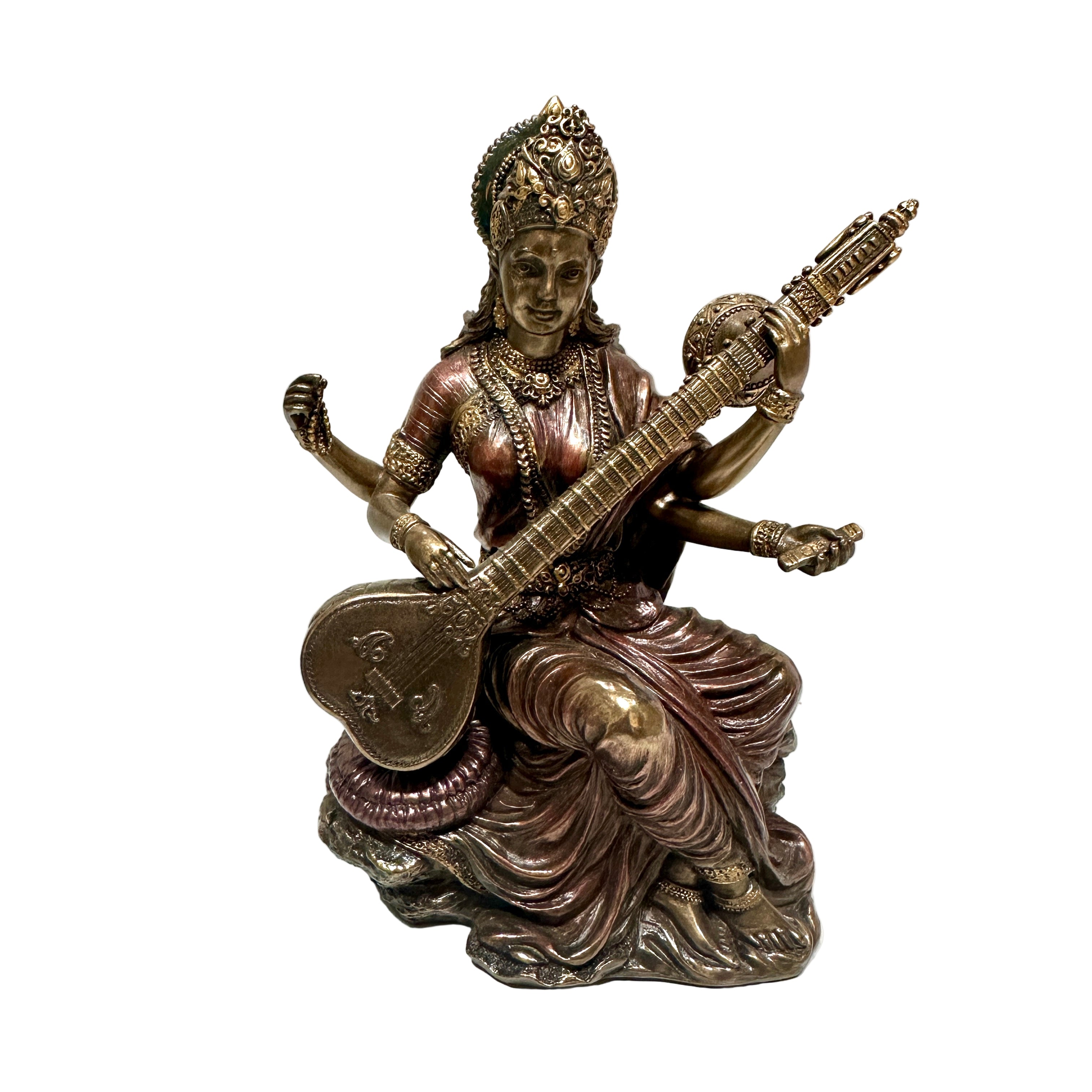 Statue of a woman playing a sitar on a white background
